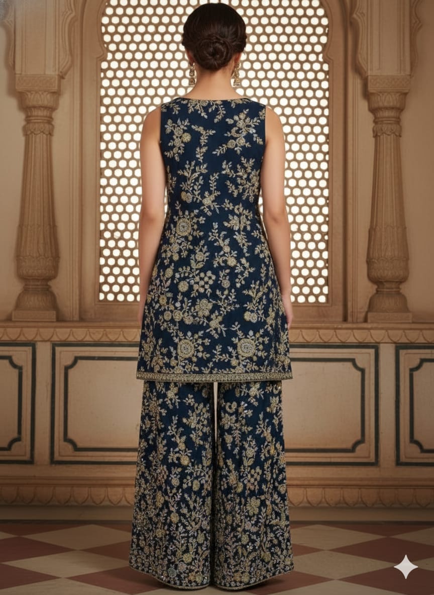 Oxford Blue Embroidered Premium Georgette Palazzo Set