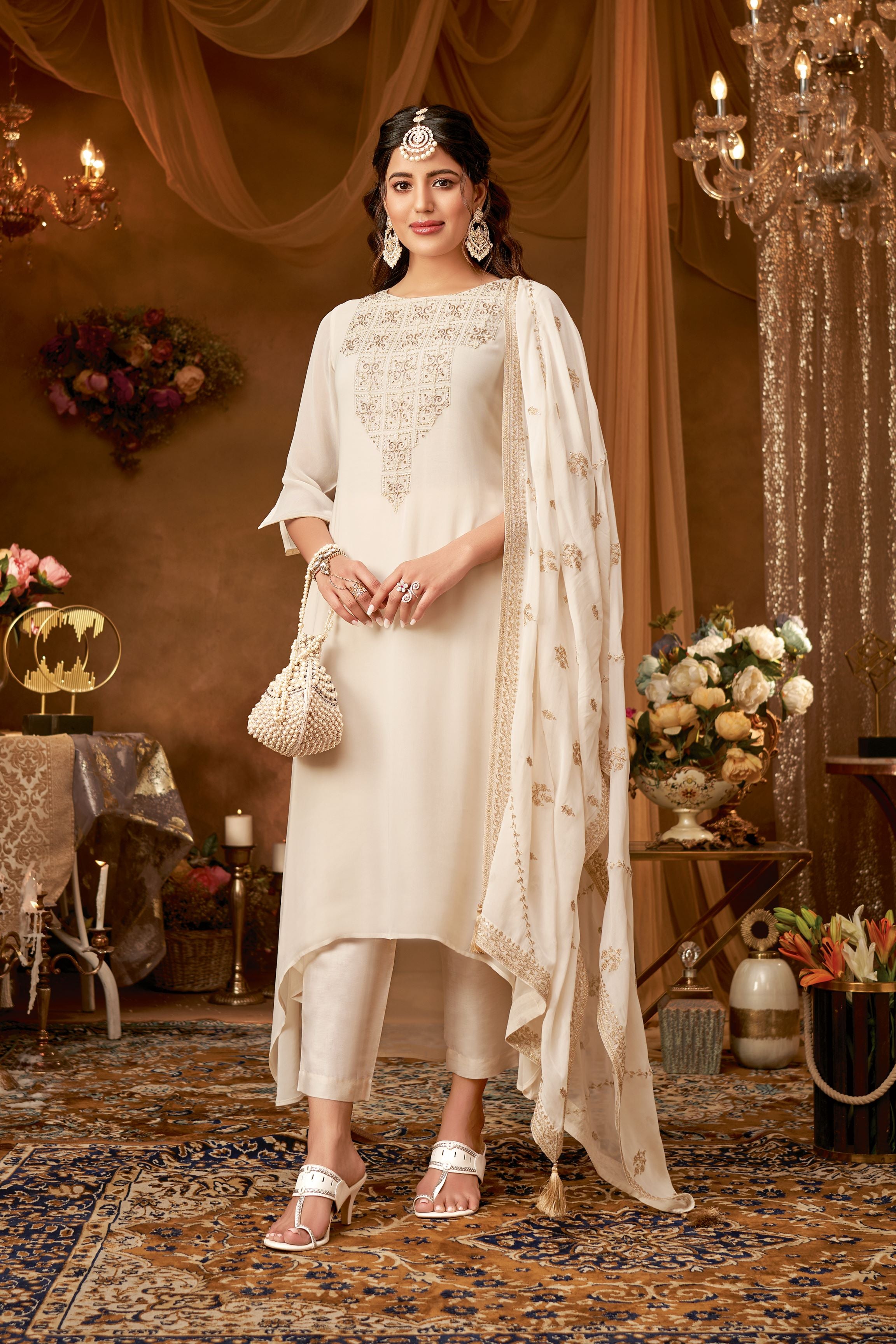 White Embellished Georgette Silk Kurta Pants Set