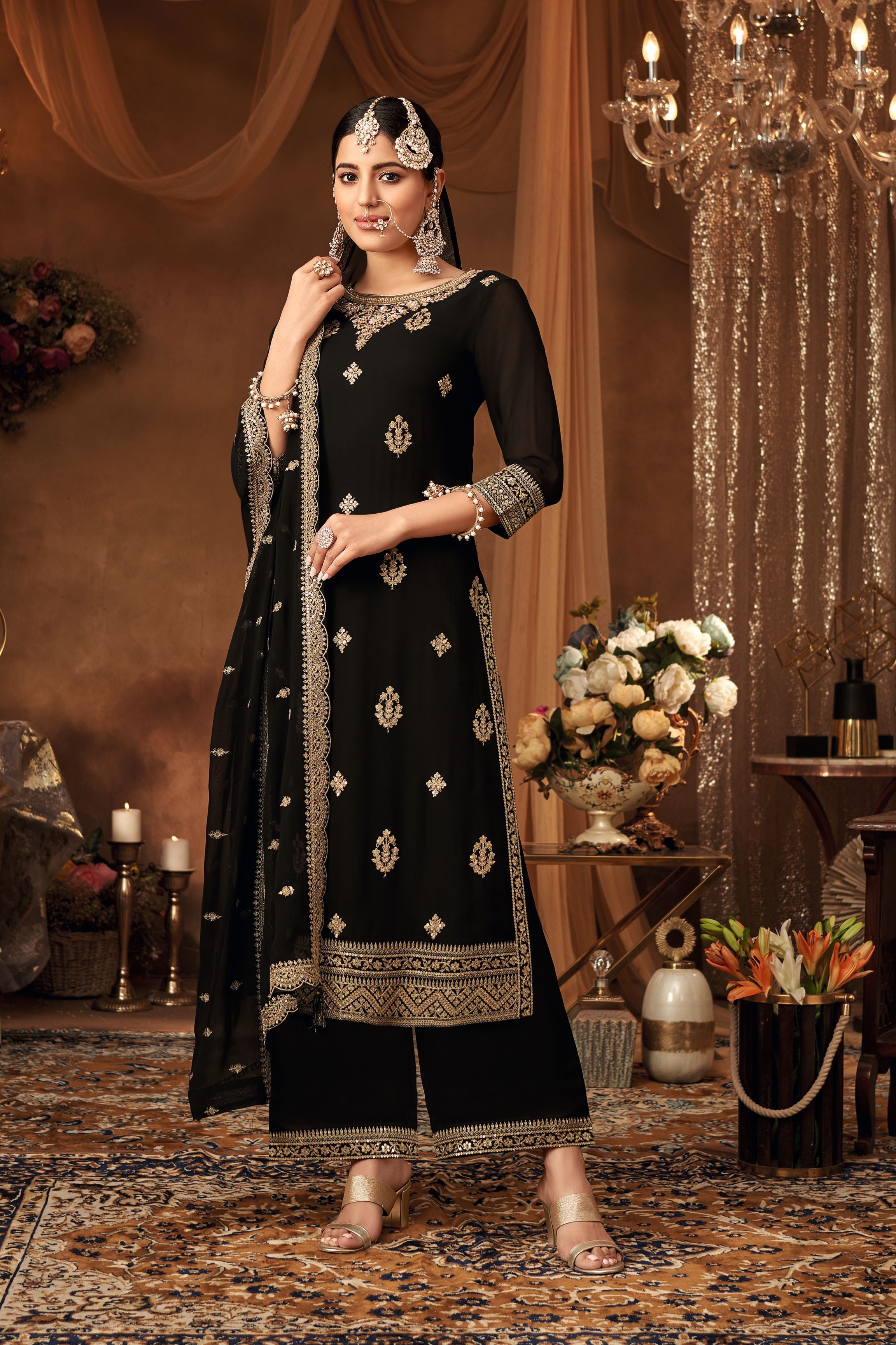 Black Embellished Georgette Silk Kurta Pants Set