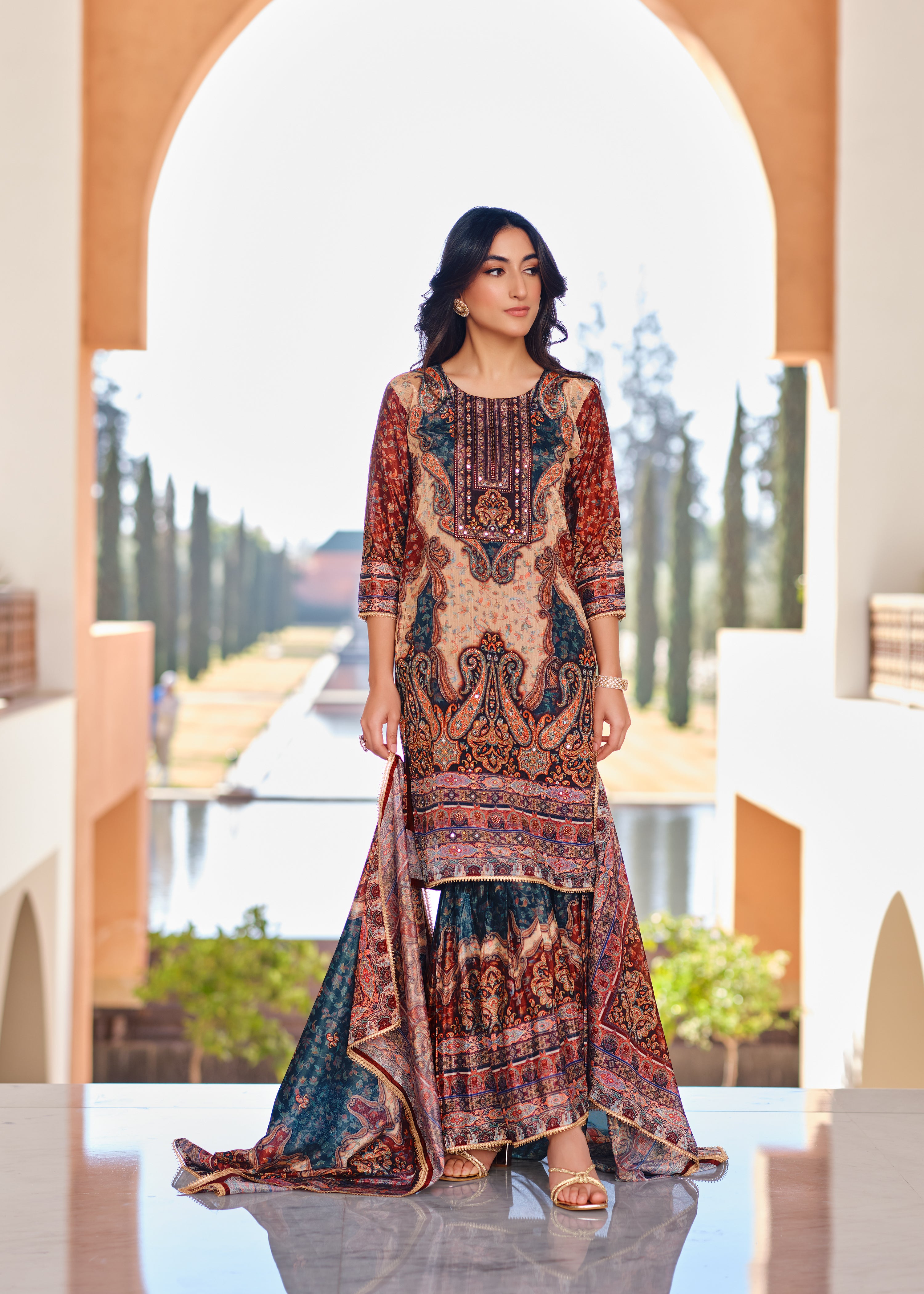 Beige Traditional Printed Premium Silk Sharara Set