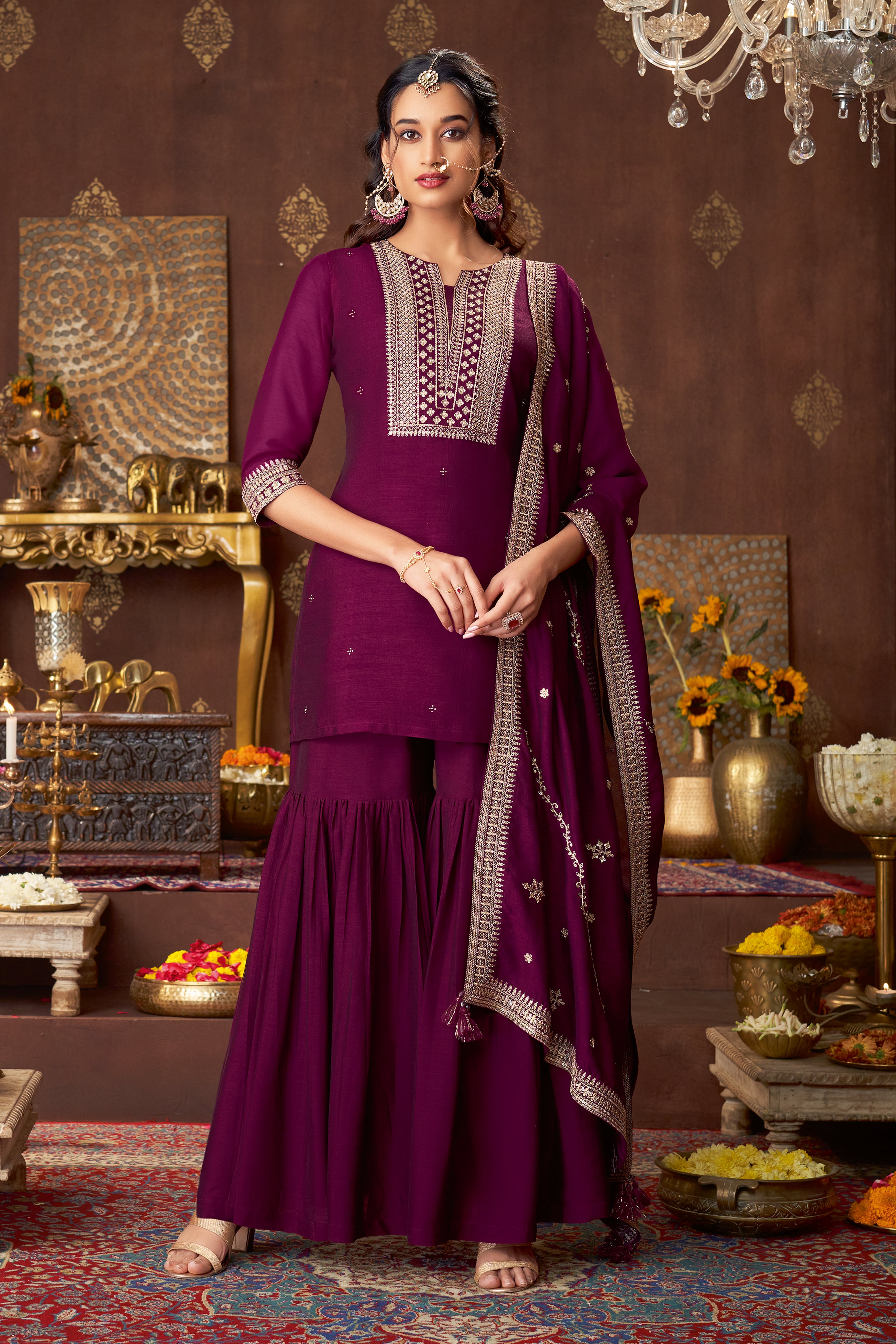 Retro Wine Embellished Royal Silk Sharara Set