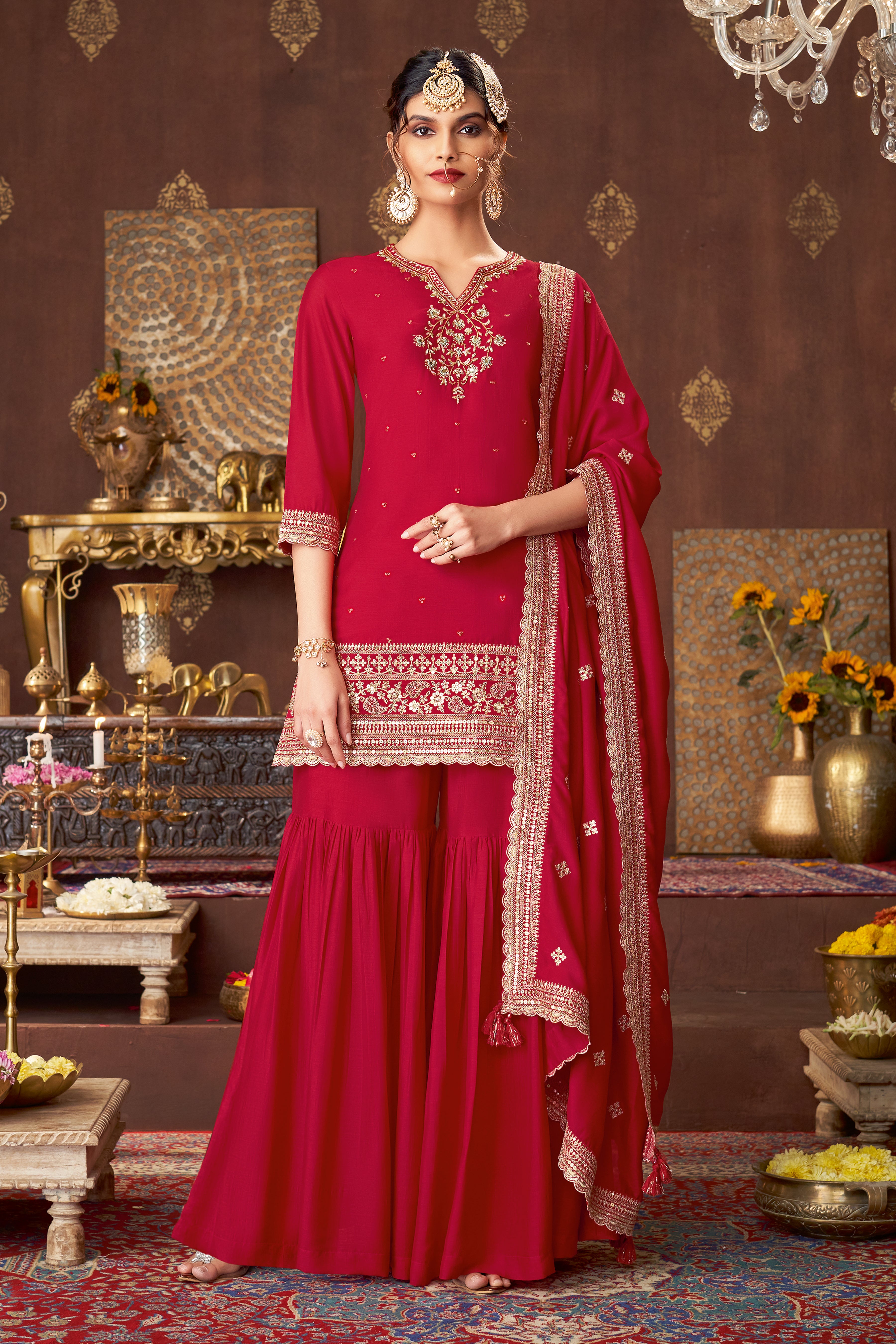 Retro Red Embellished Royal Silk Sharara Set