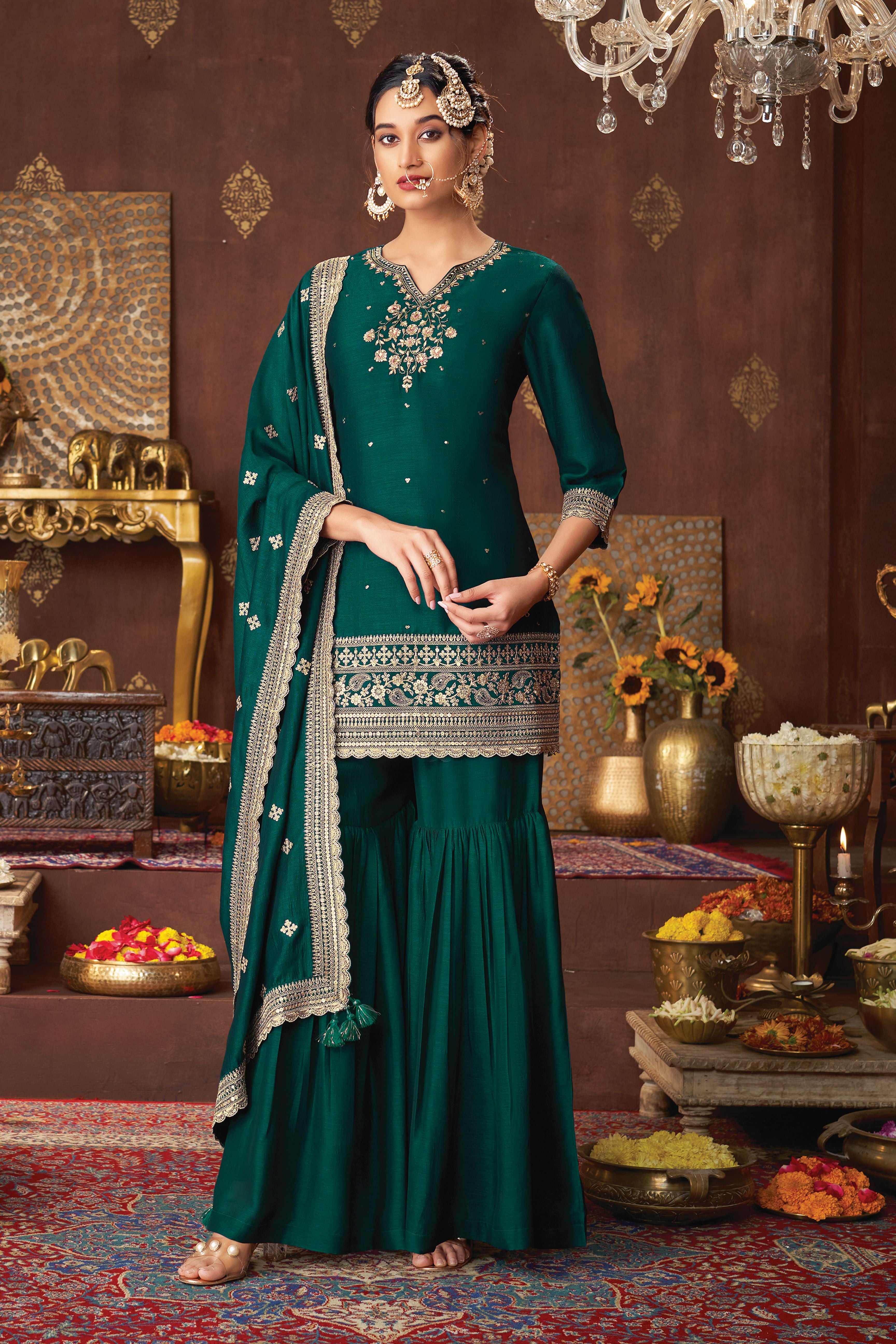 Retro Teal Embellished Royal Silk Sharara Set