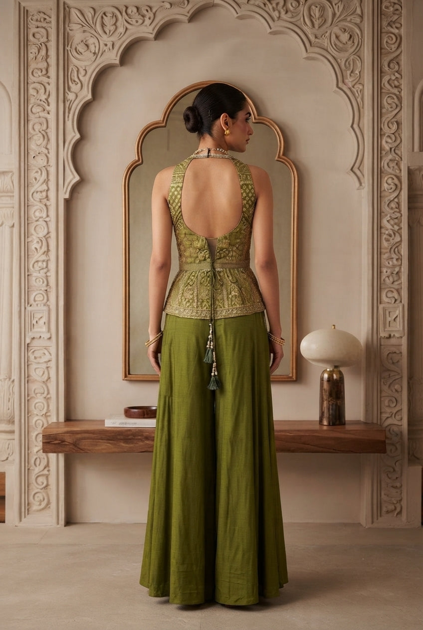 Moss Green Embellished Georgette Silk Palazzo Set