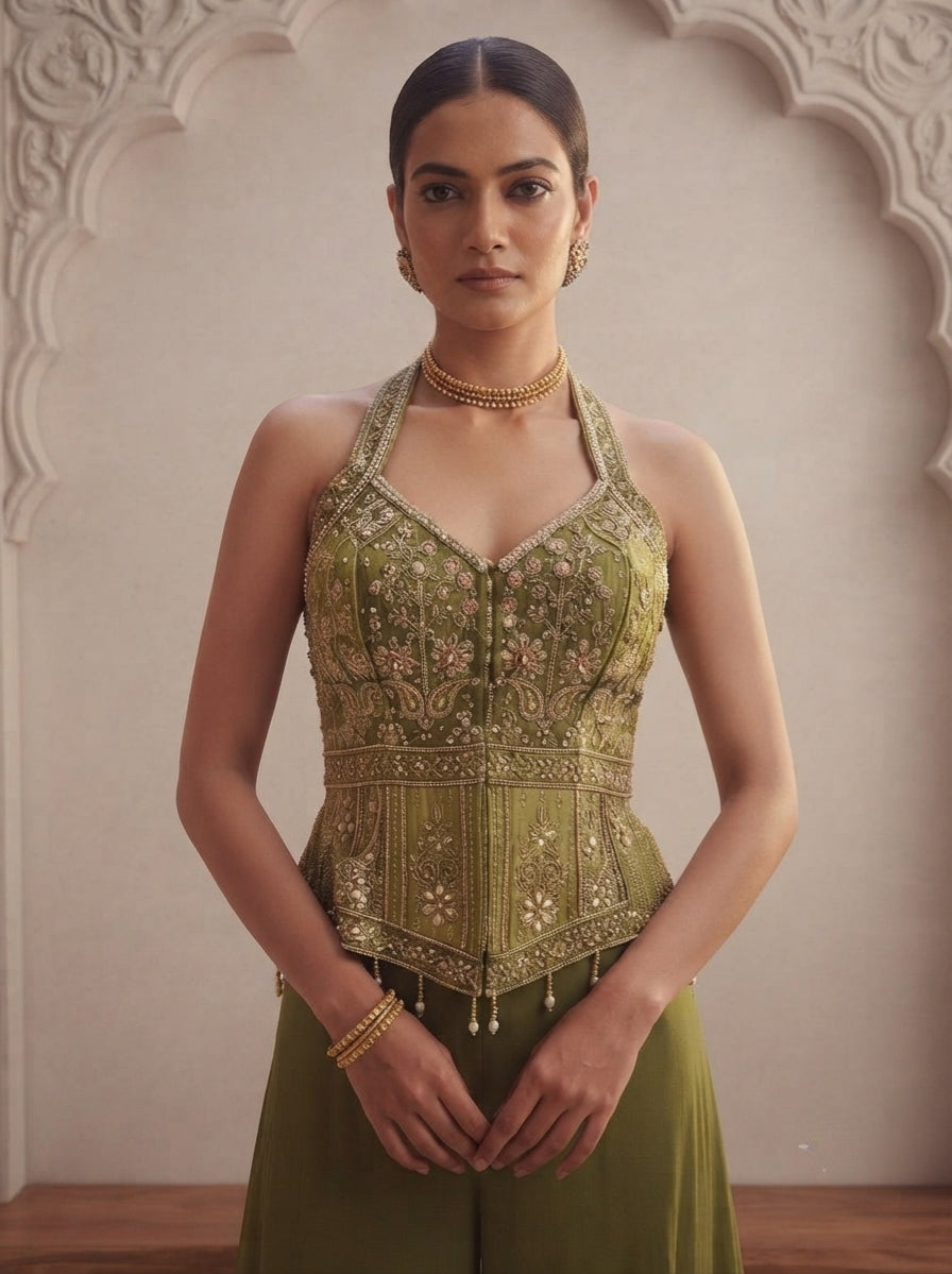 Moss Green Embellished Georgette Silk Palazzo Set