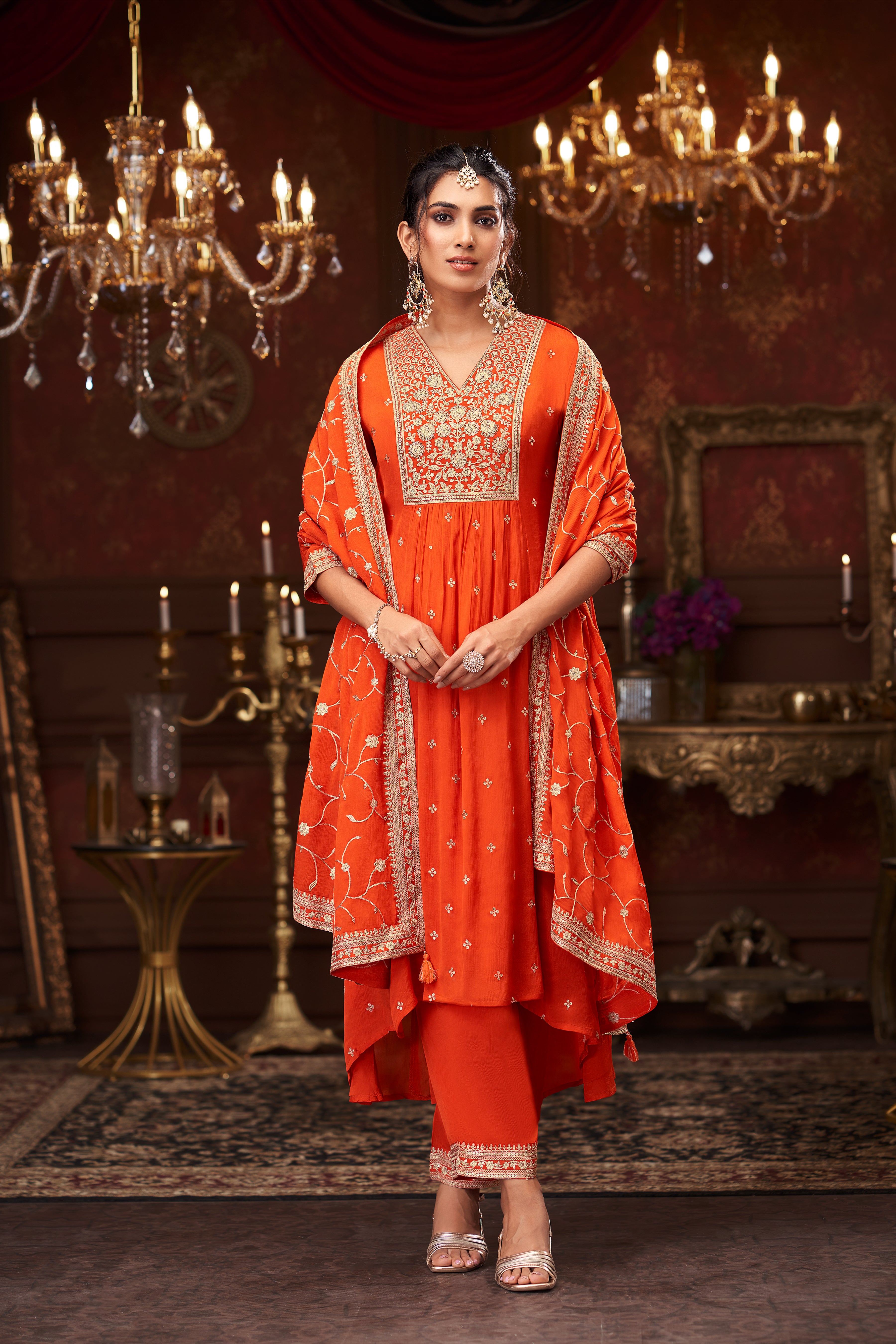 Vermillion Orange Embellished Chinon Silk Pant Set