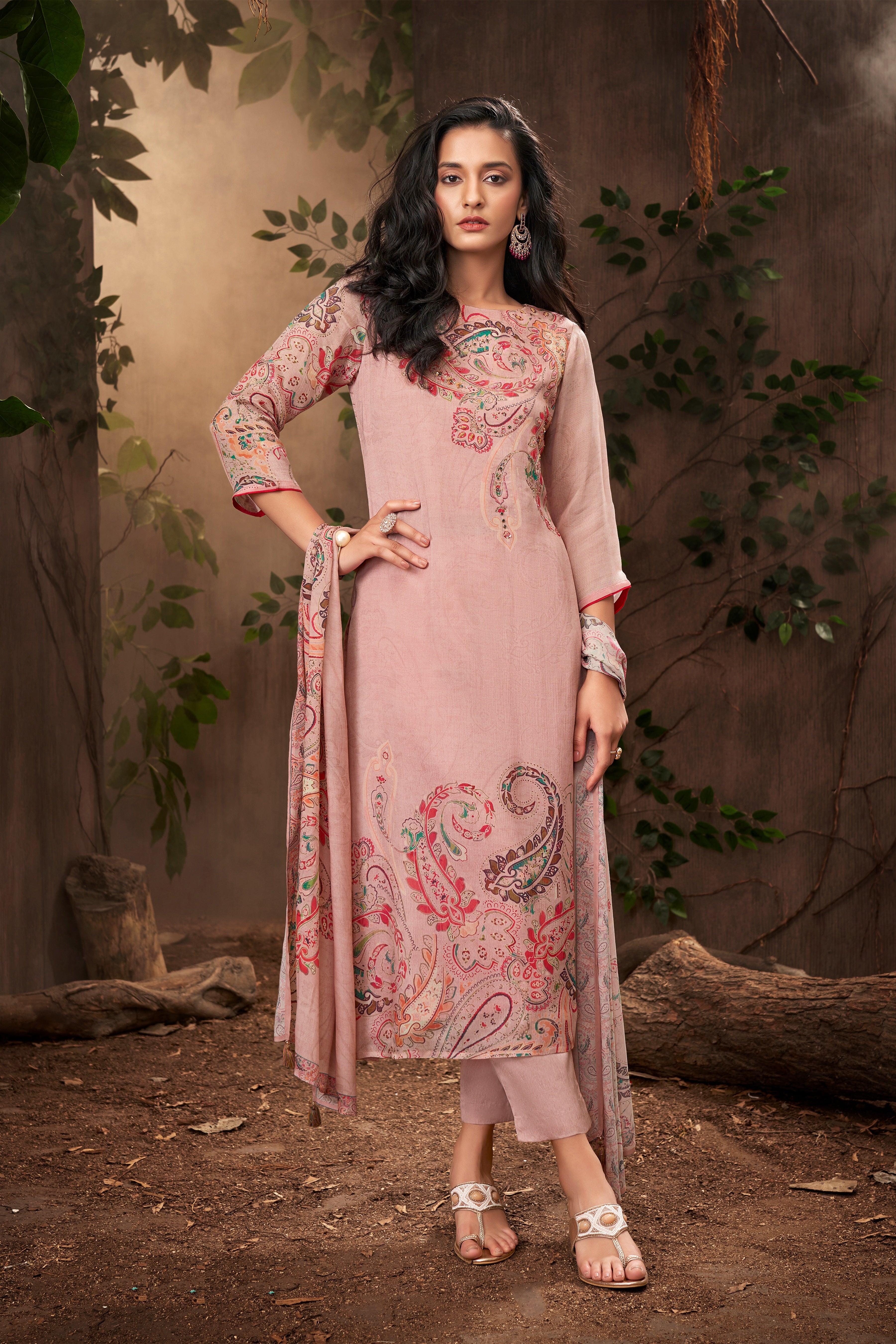 Dusty Rose Printed Chinon Silk Pant Set