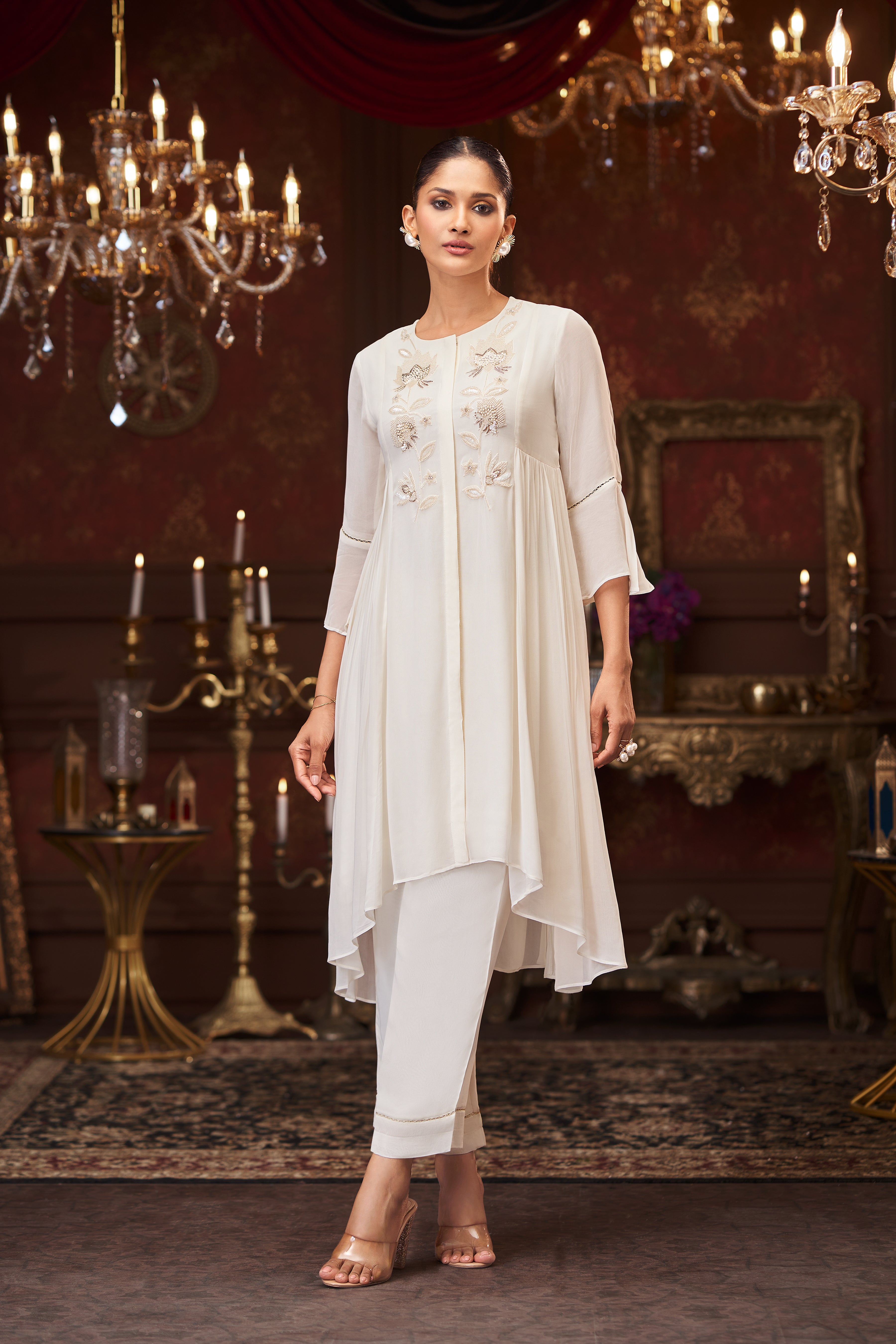Ivory Embellished Georgette Silk Kurta Set