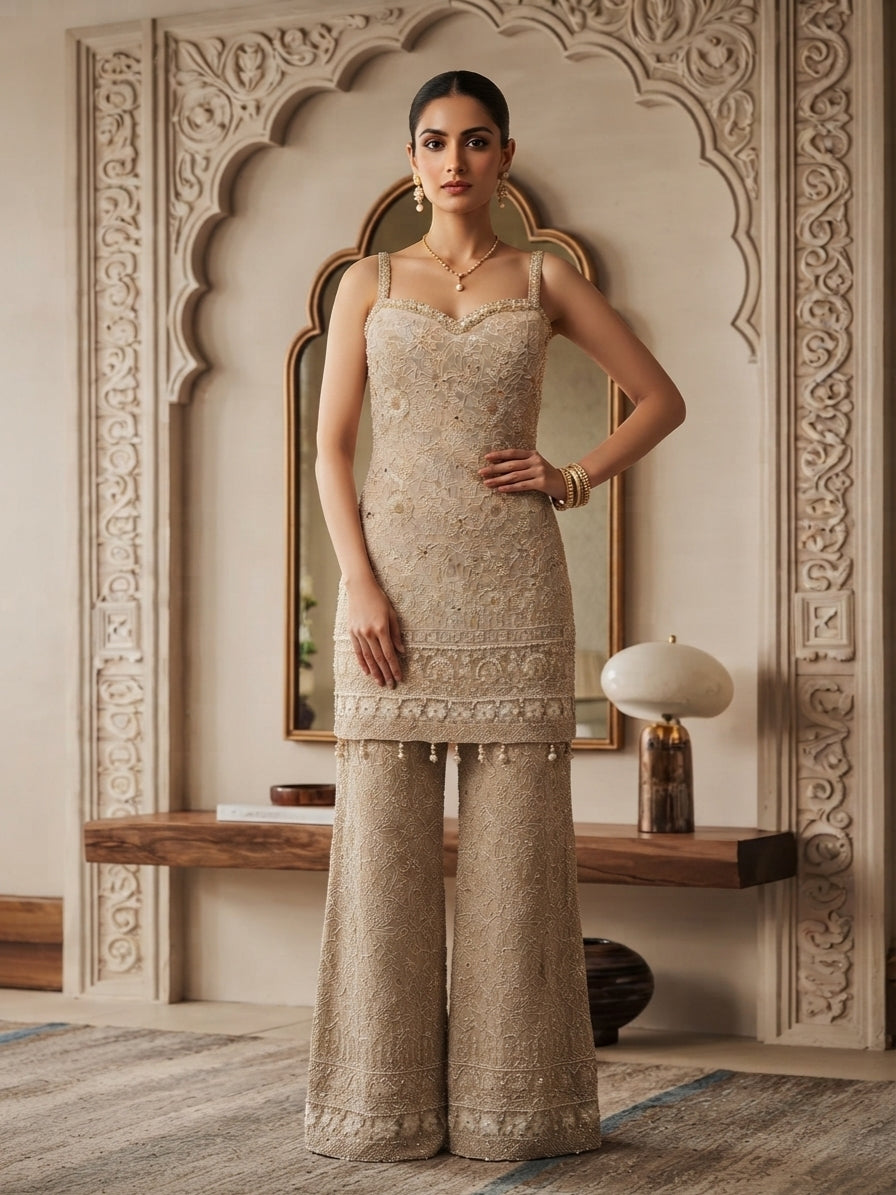 Fawn Nude Embellished Georgette Silk Palazzo Set