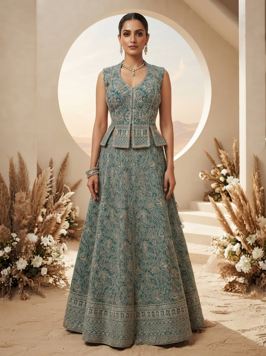 Dusty Sea Blue Embellished Premium Silk Skirt Set