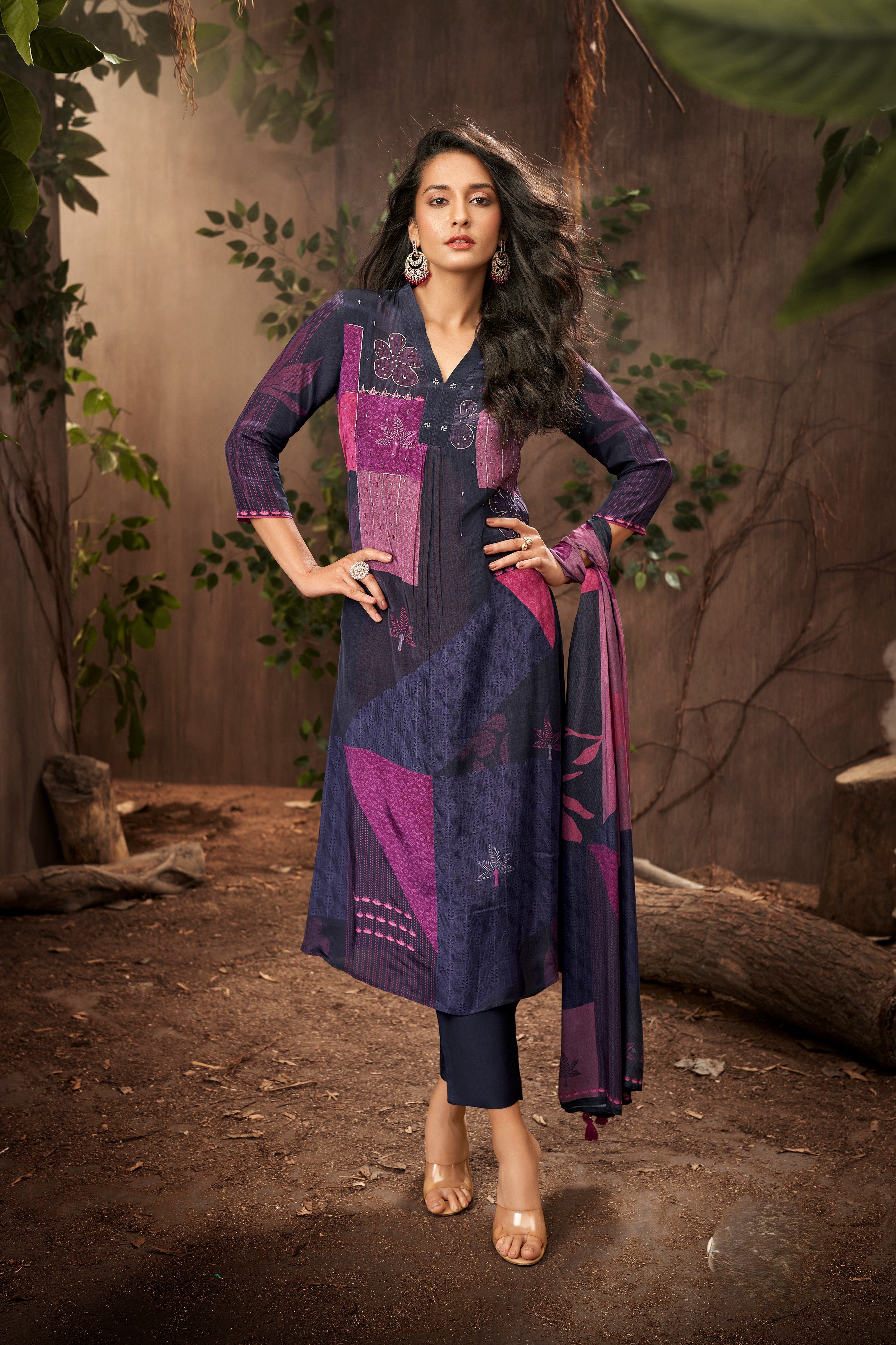 Orchid Purple Printed Satin Silk Pant Set