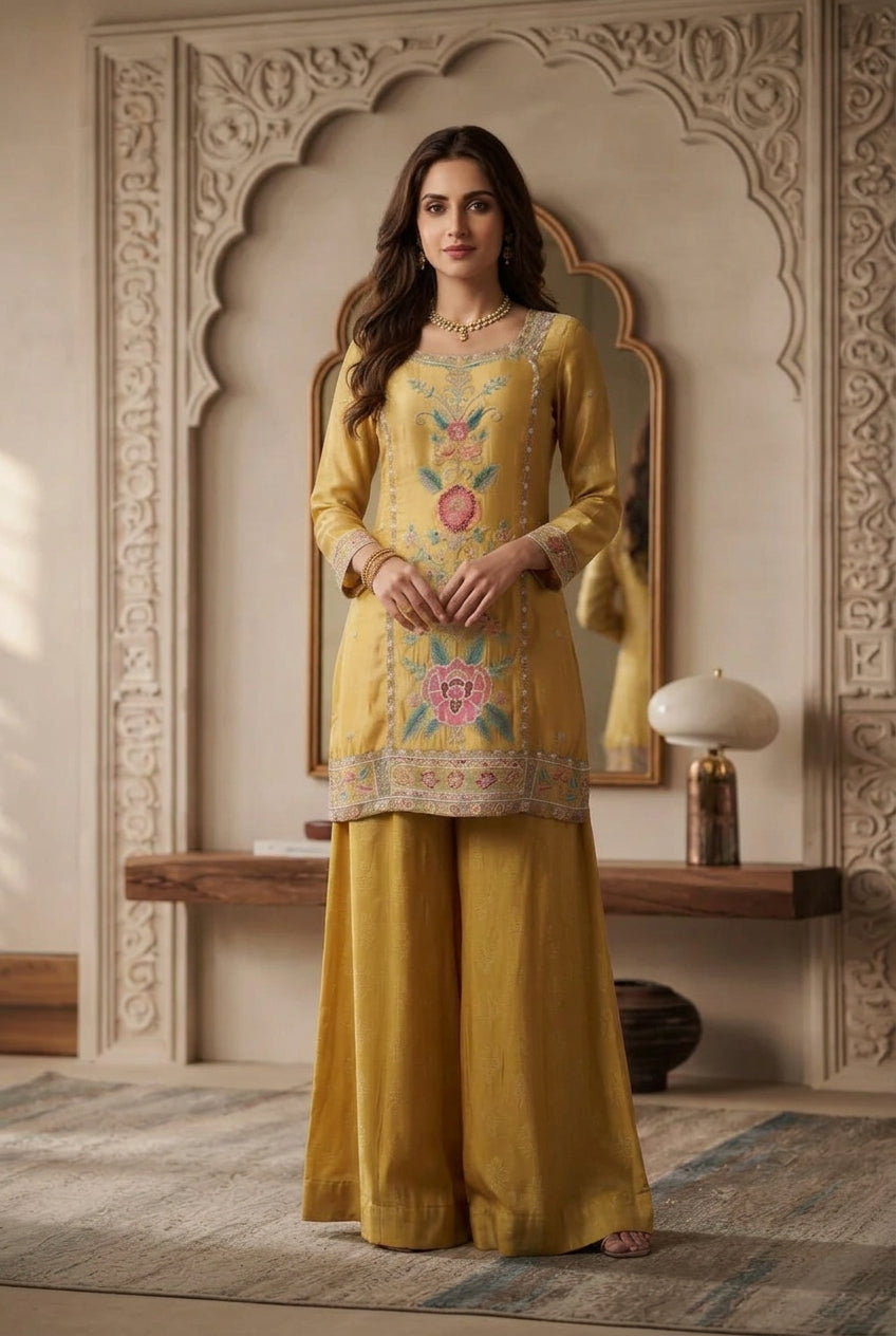 Mustard Yellow Embellished Premium Silk Palazzo Set