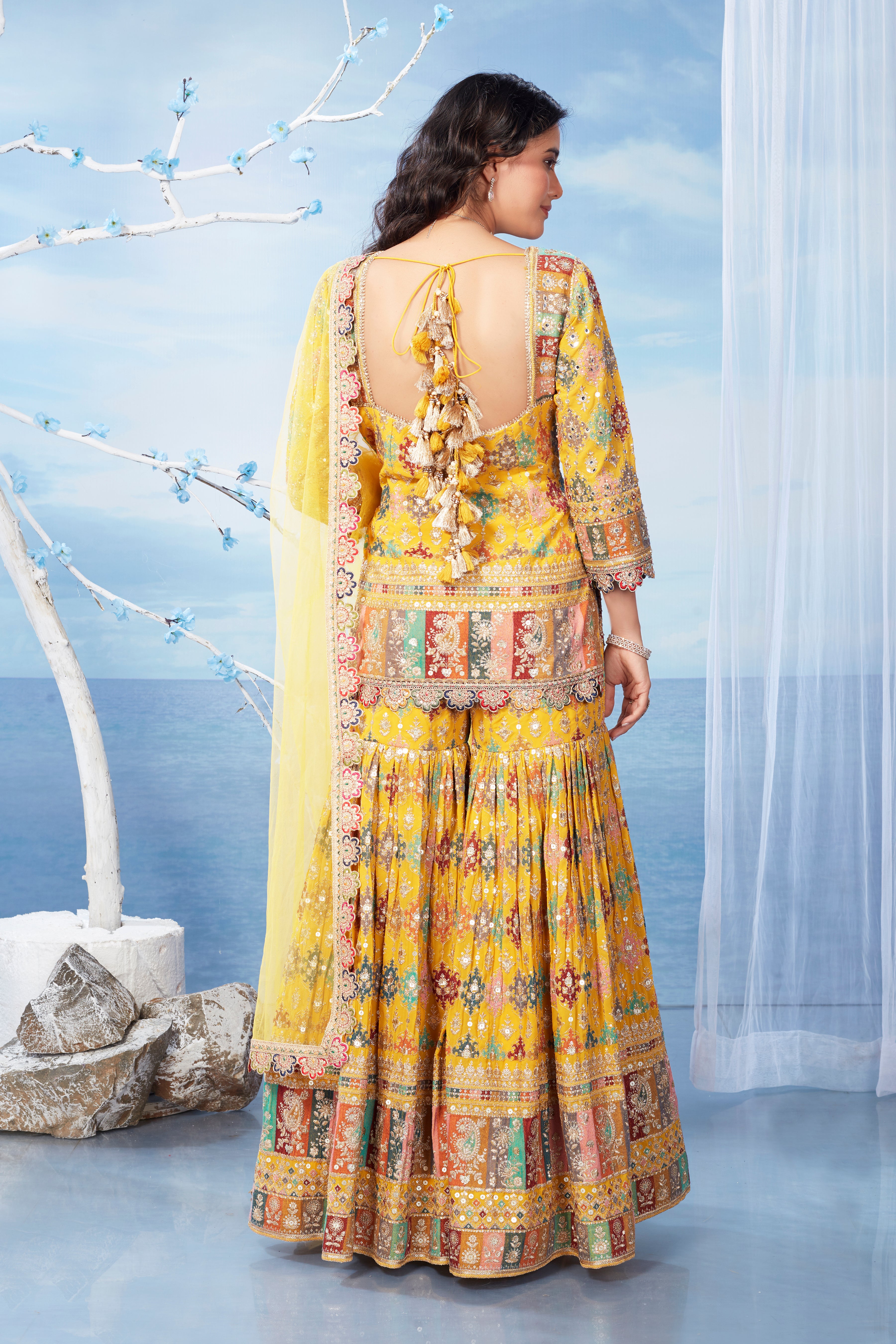 Yellow Embellished Premium Silk Kurta Sharara Set