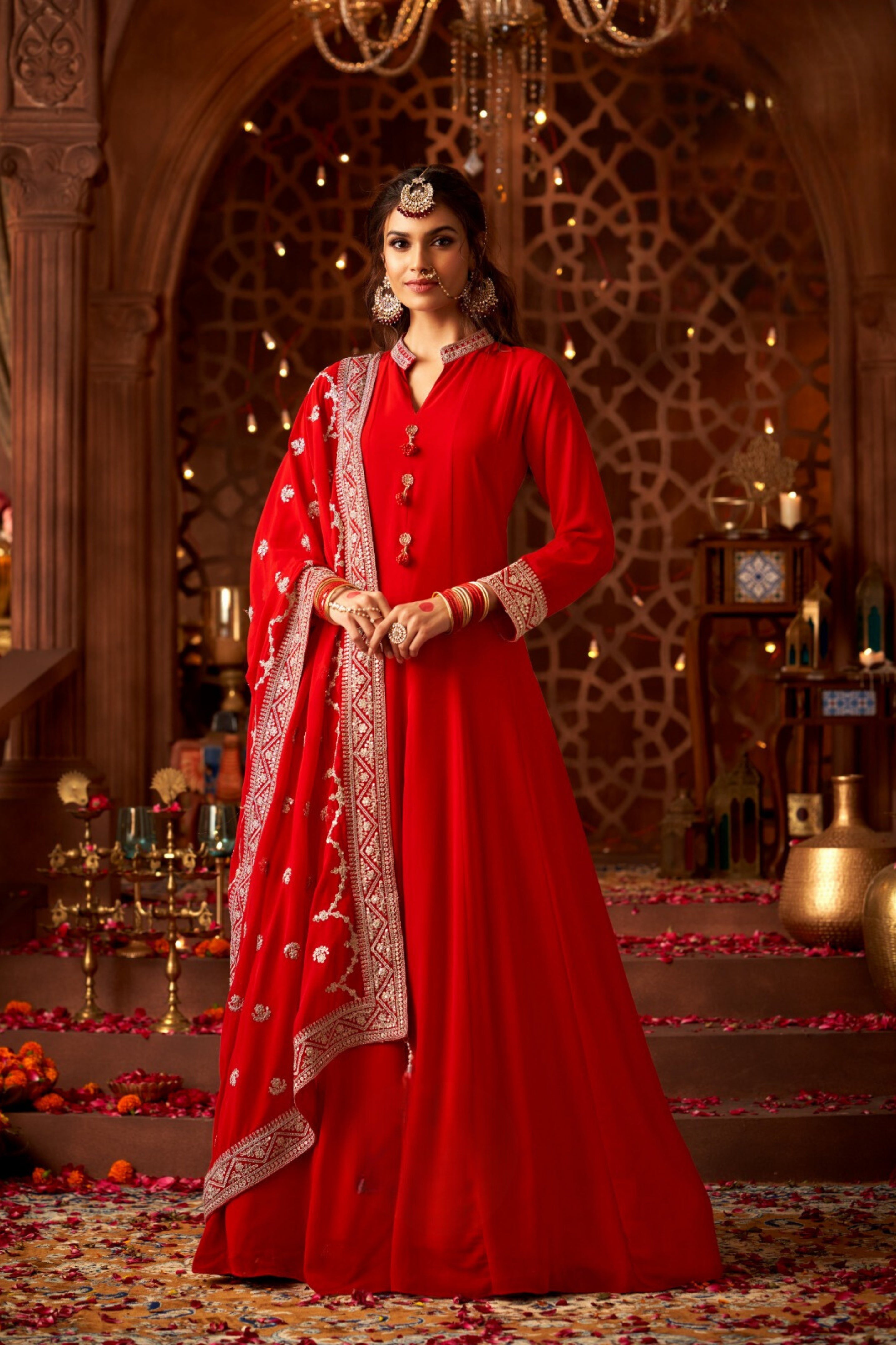 Hot Red Embellished Georgette Silk Anarkali Set