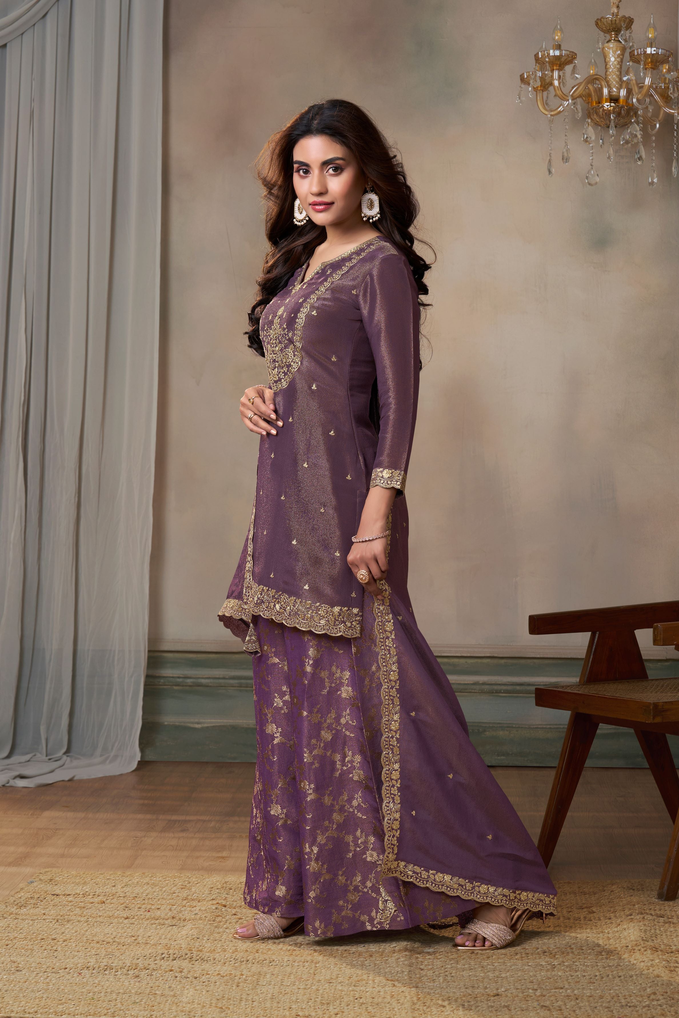 Wine Banarasi Tissue Silk Palazzo Set