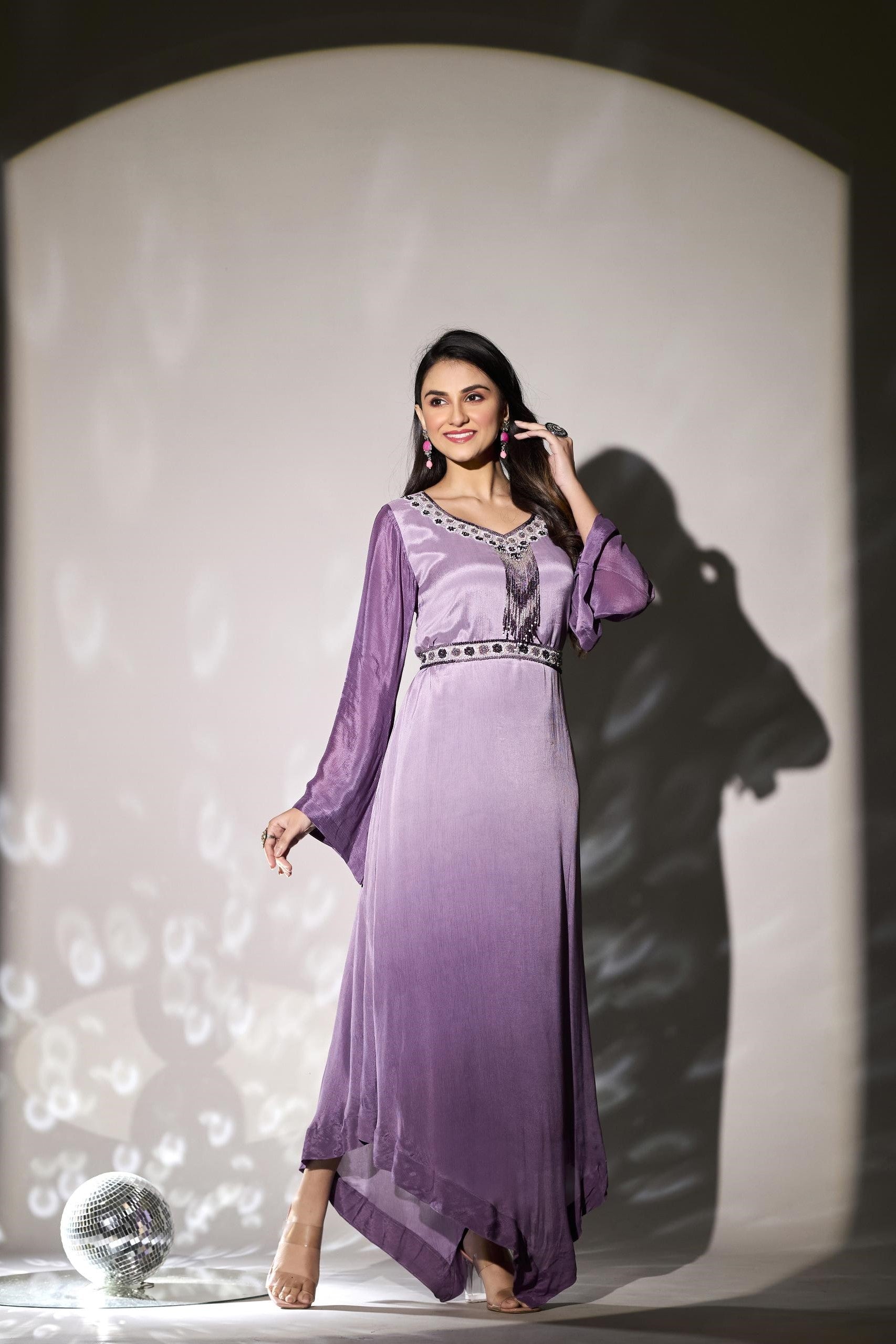 Pastel Purple Embellished Premium Chinon Silk Gown