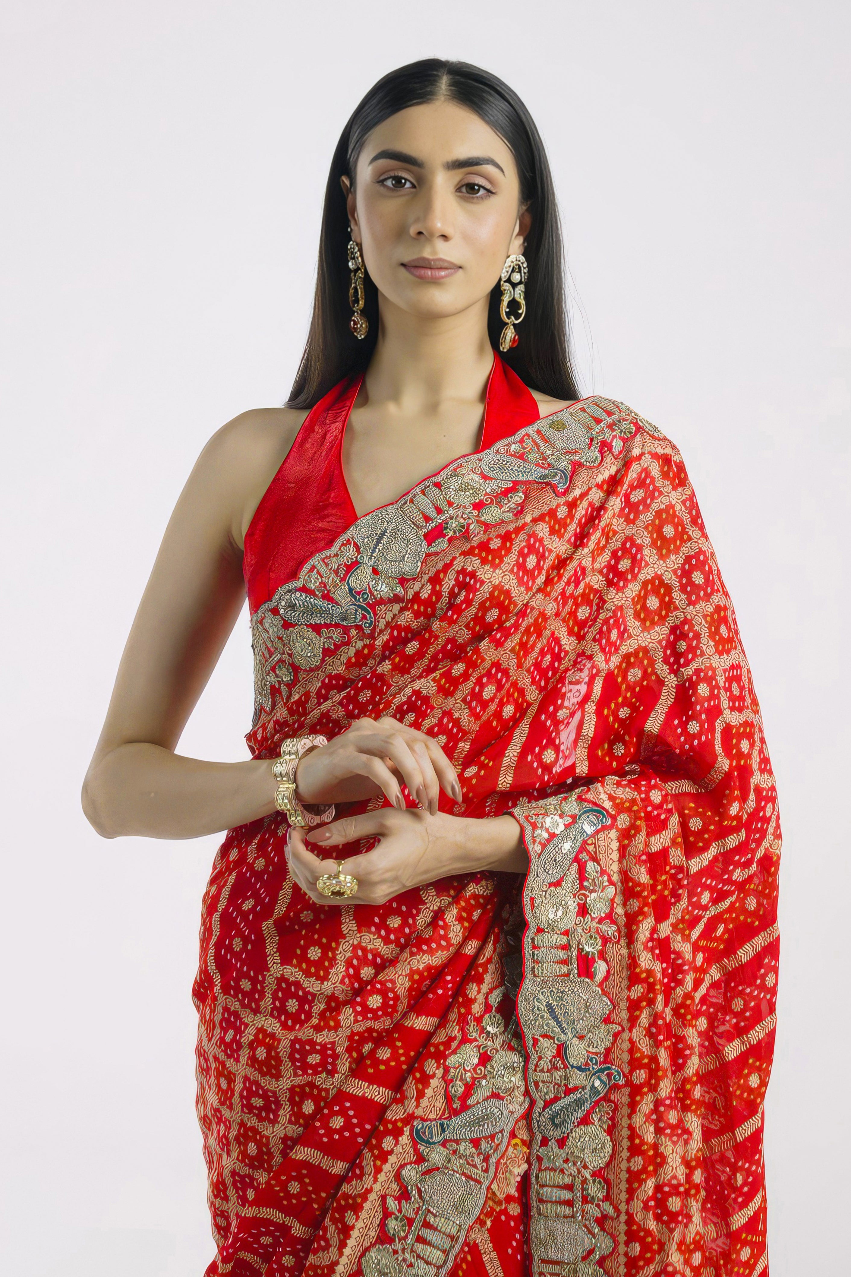 Bright Red Embellished Banarasi Silk Saree