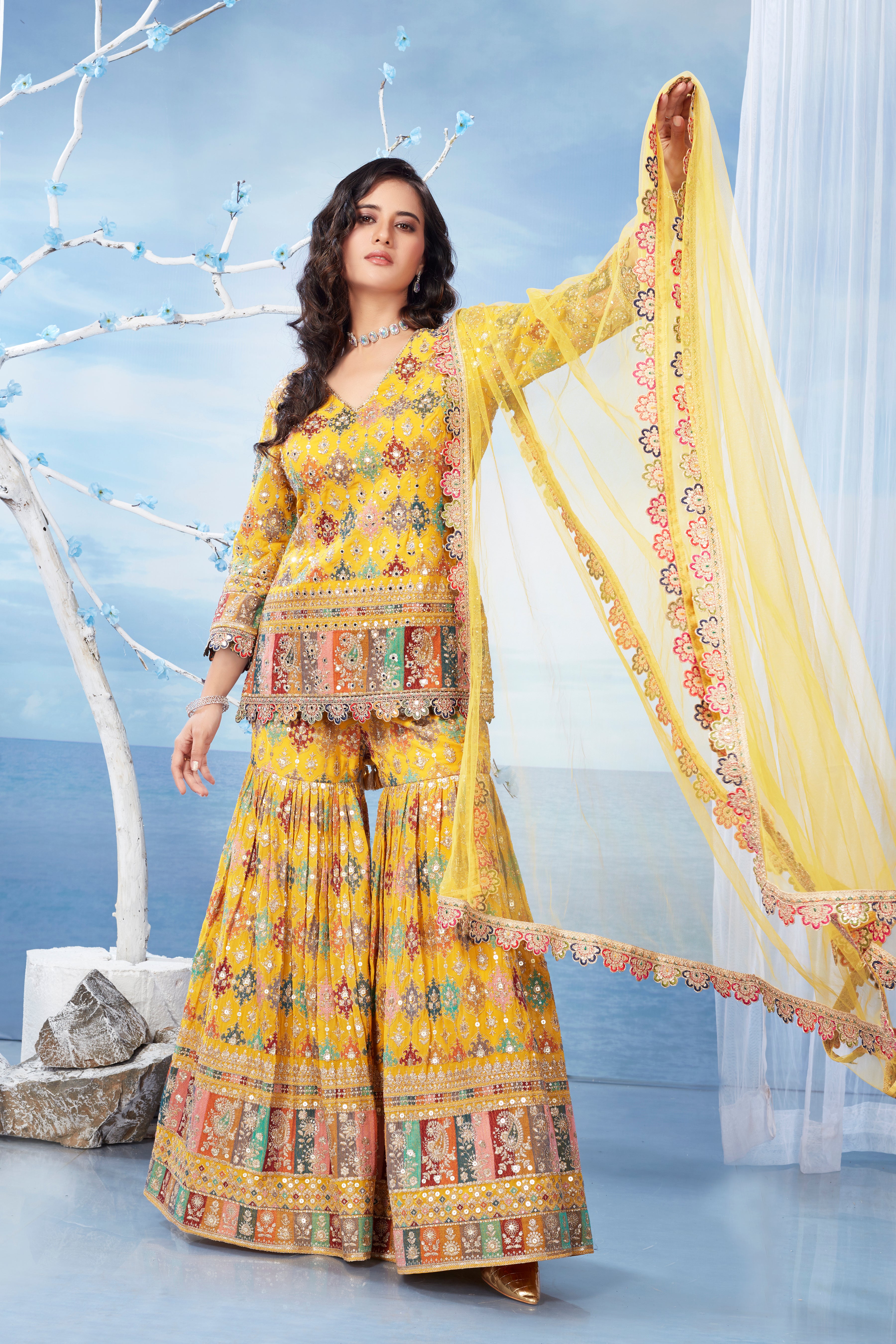 Yellow Embellished Premium Silk Kurta Sharara Set