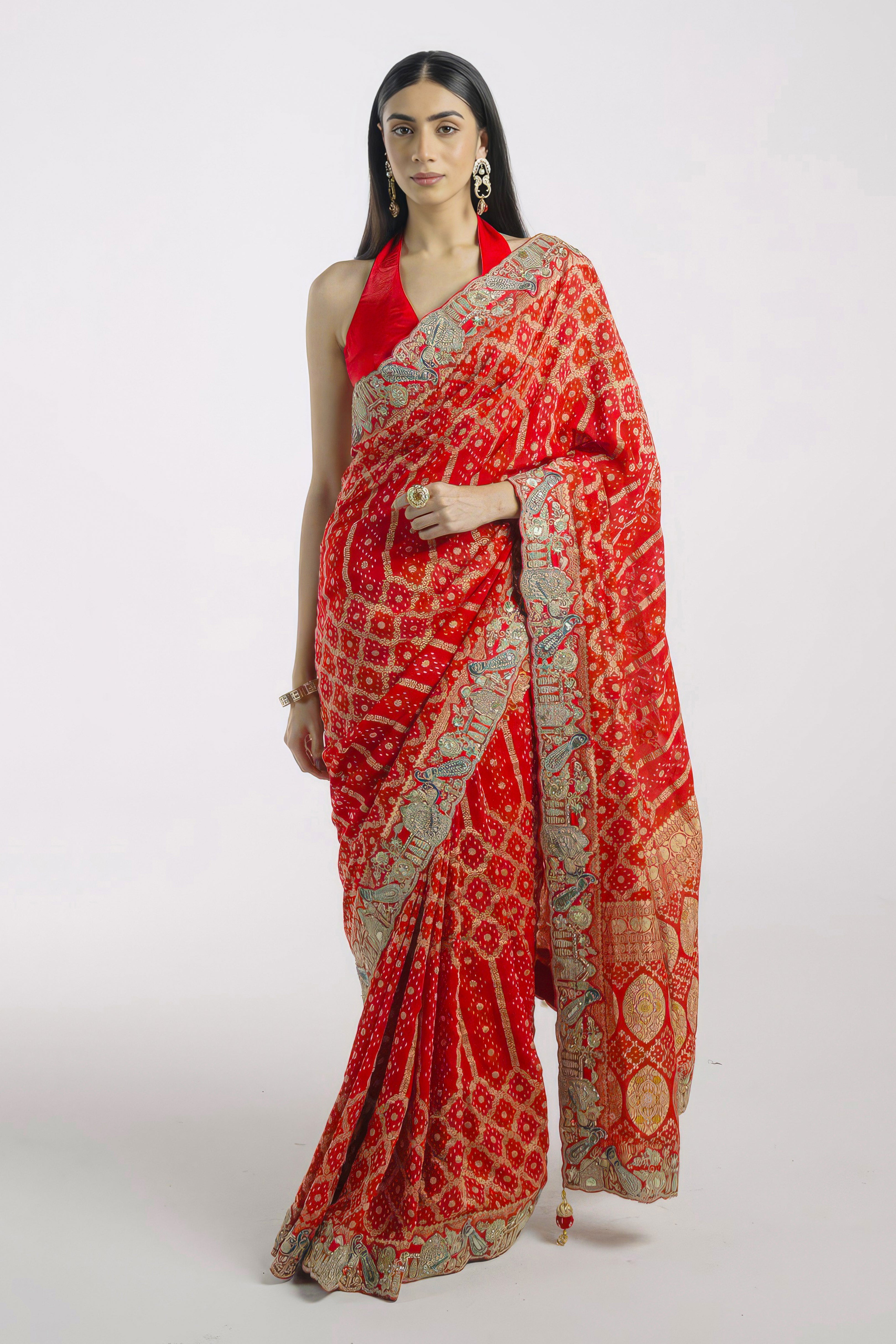 Bright Red Embellished Banarasi Silk Saree
