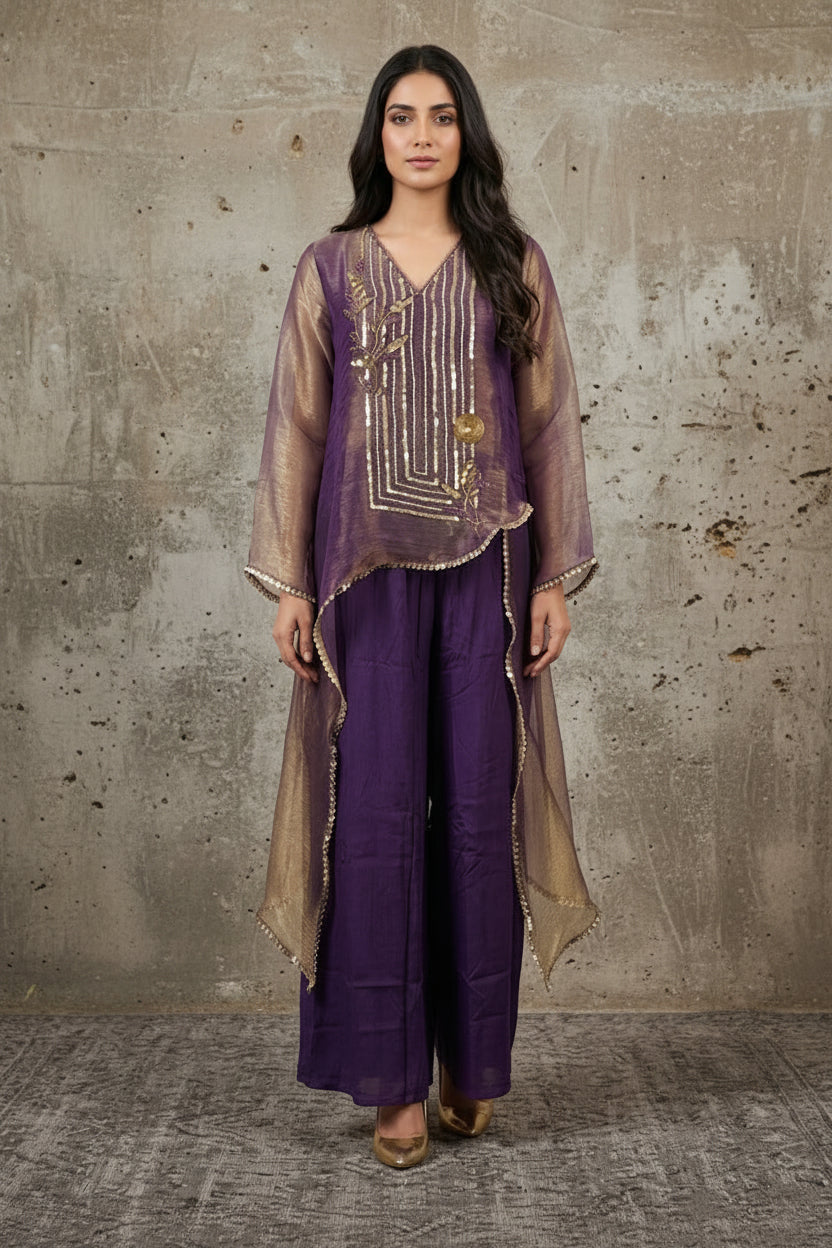 Two Tone Purple Embellished Organza Silk Palazzo Set