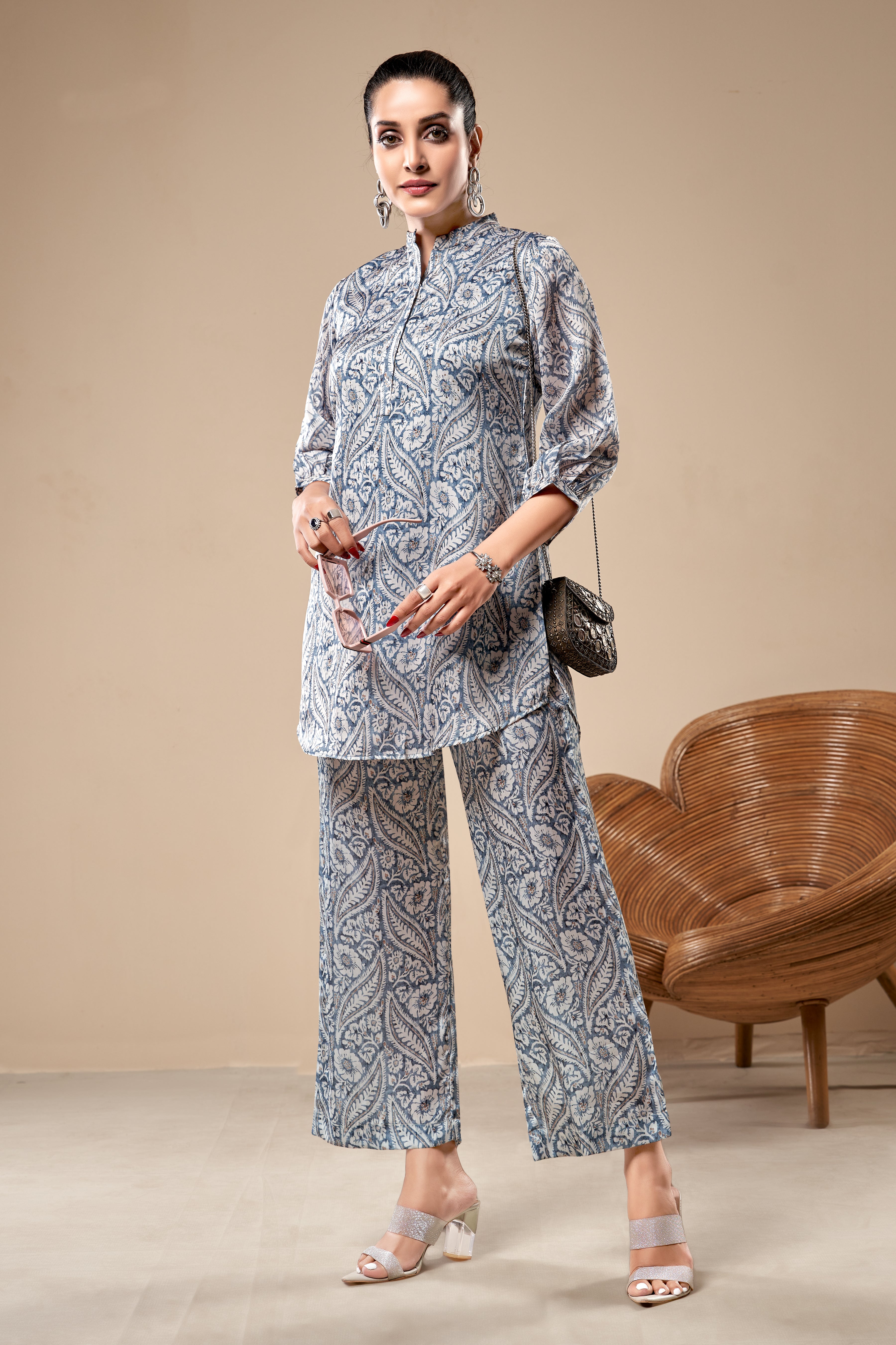 Ethereal Blue Ethnic Printed Italian Silk Co-Ord Set