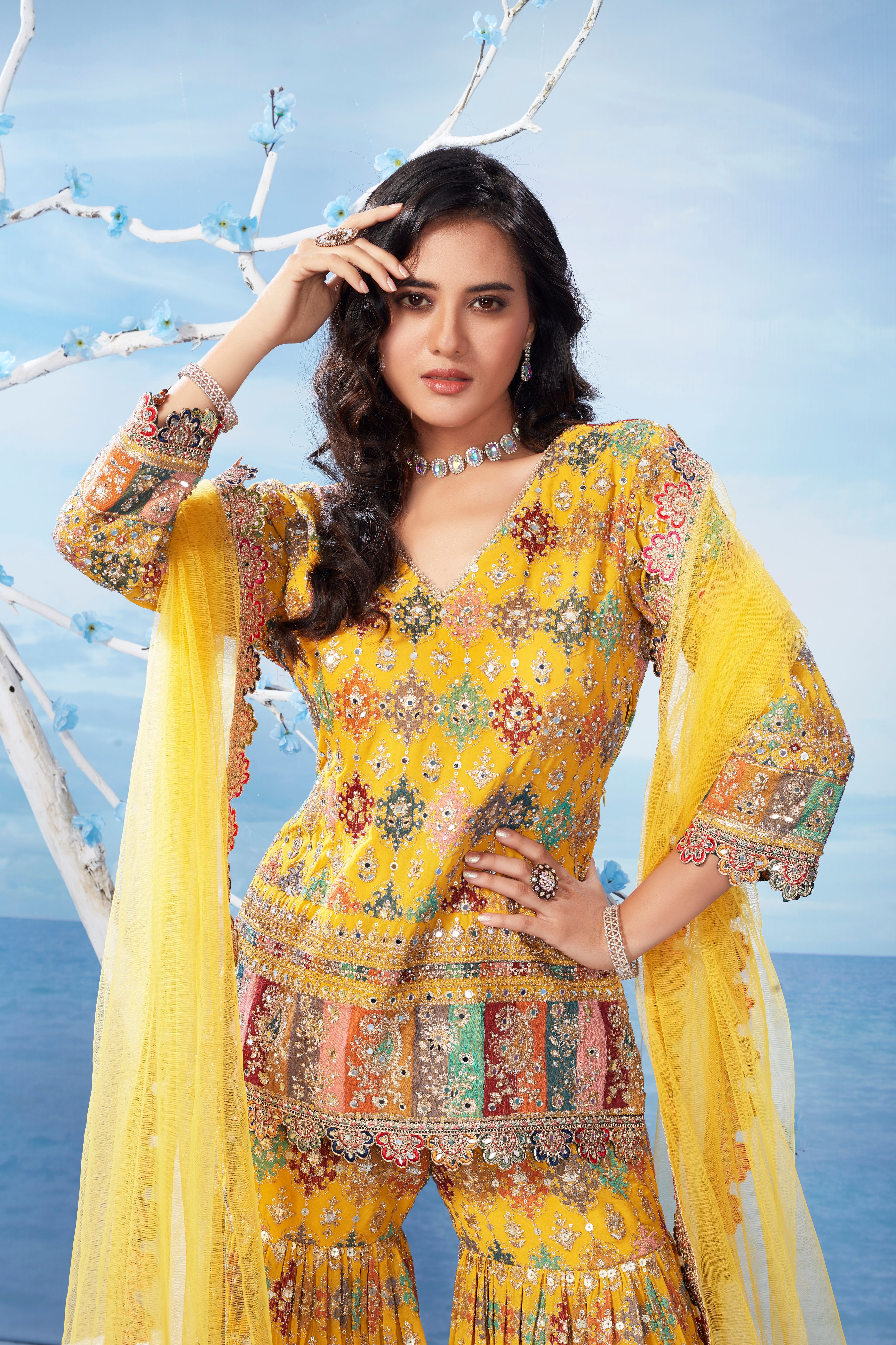 Yellow Embellished Premium Silk Kurta Sharara Set