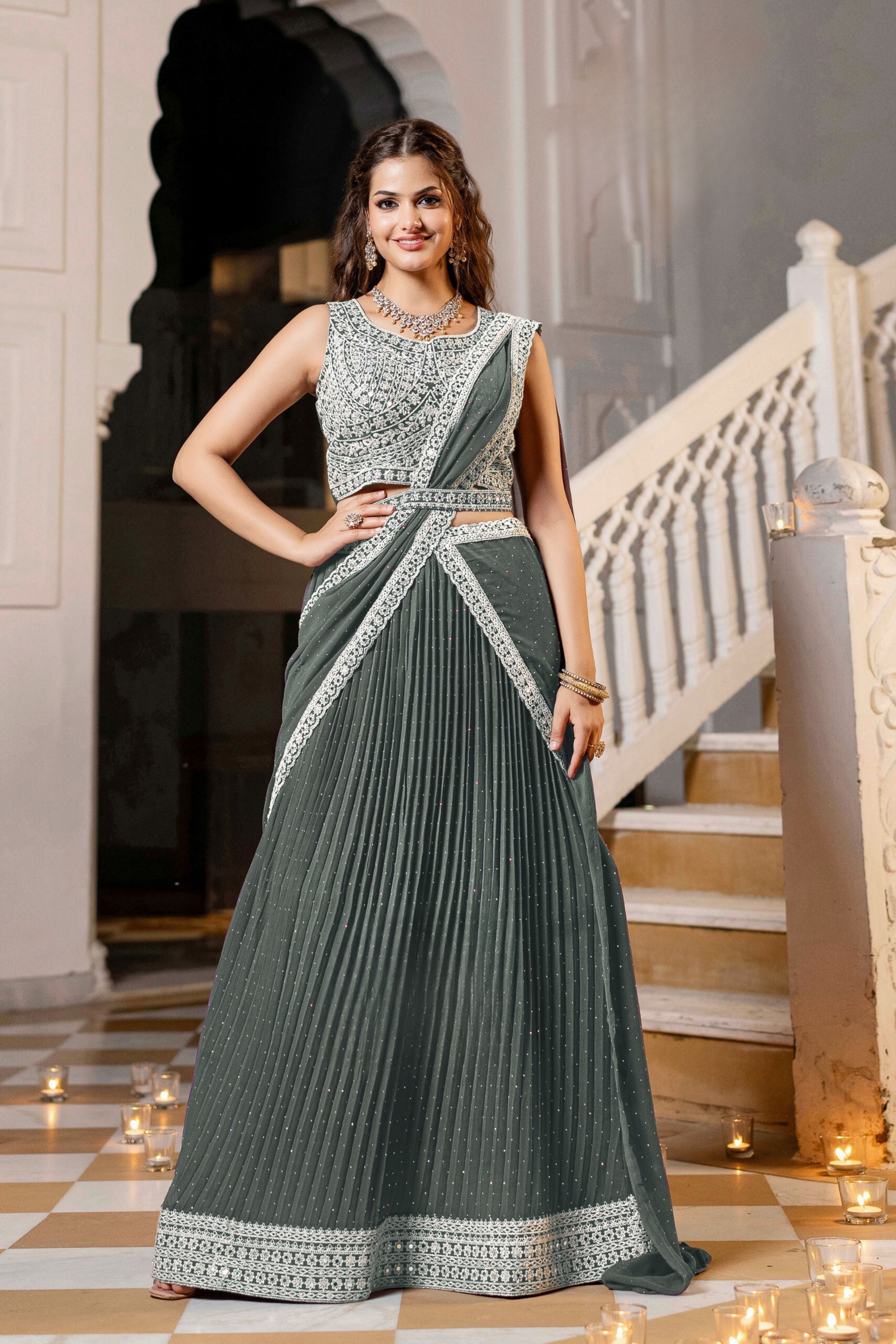 Grey Embroidered Georgette Silk Lehenga Saree