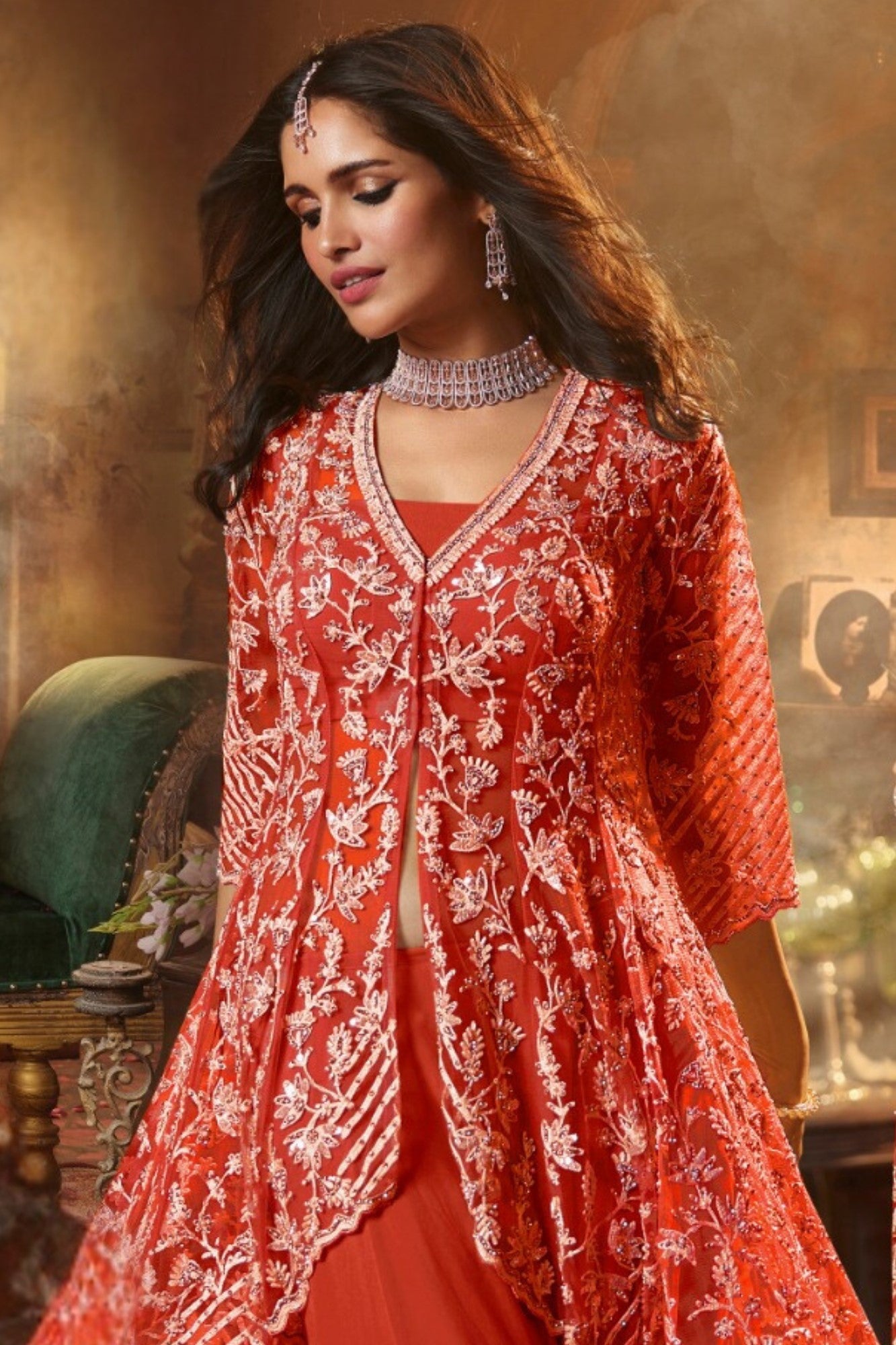 Orange Embellished Swiss Georgette Silk Palazzo Set