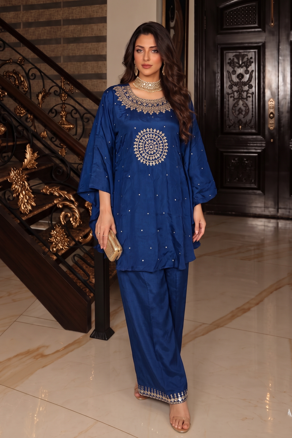 Rich Sapphire Blue Embellished Raw Silk Palazzo Set