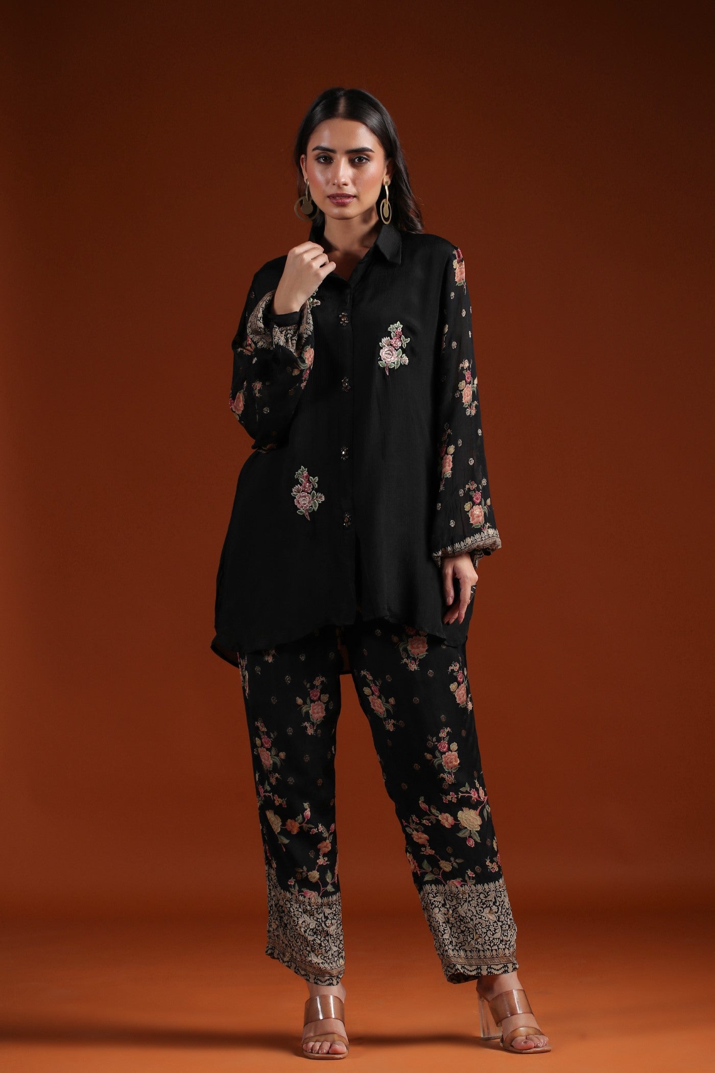 Black Floral Chinon Silk Co-ord Set