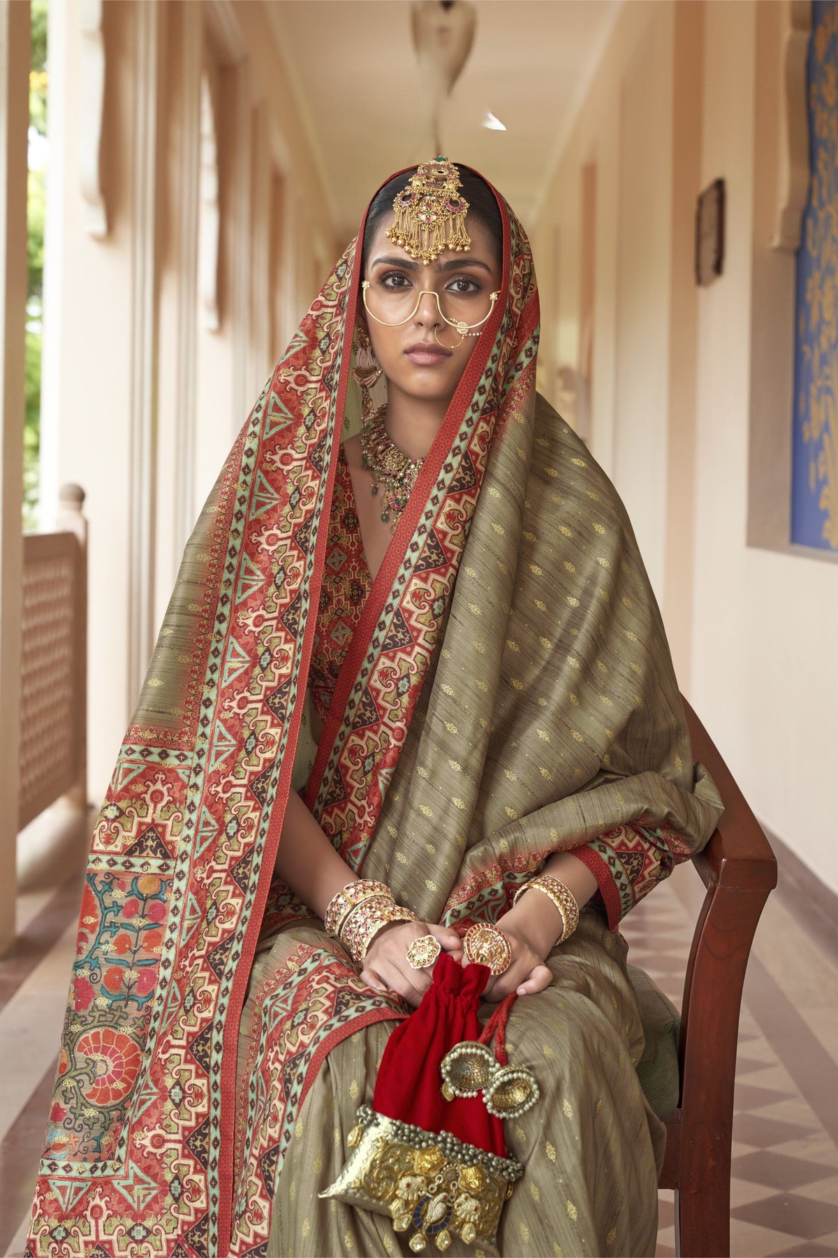 Olive Green Printed Premium Silk Saree