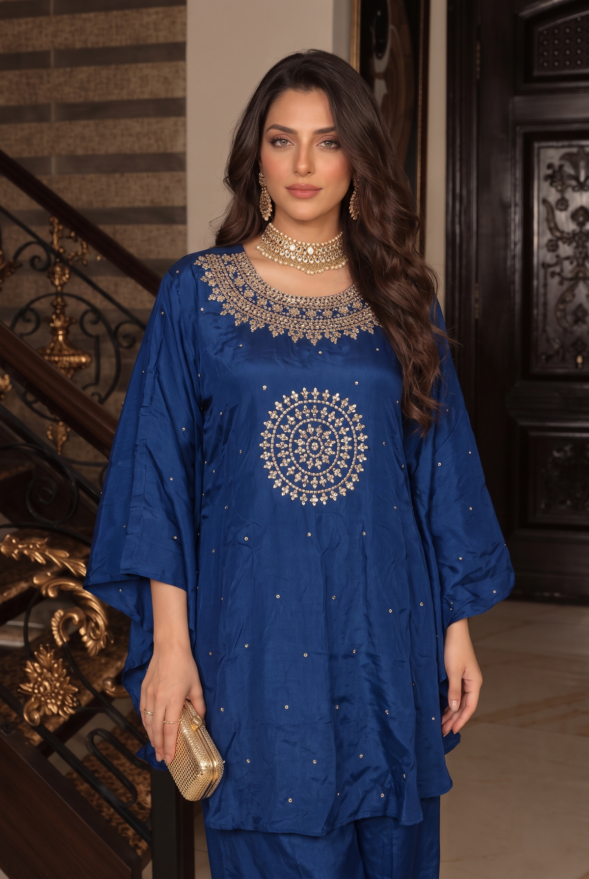Rich Sapphire Blue Embellished Raw Silk Palazzo Set