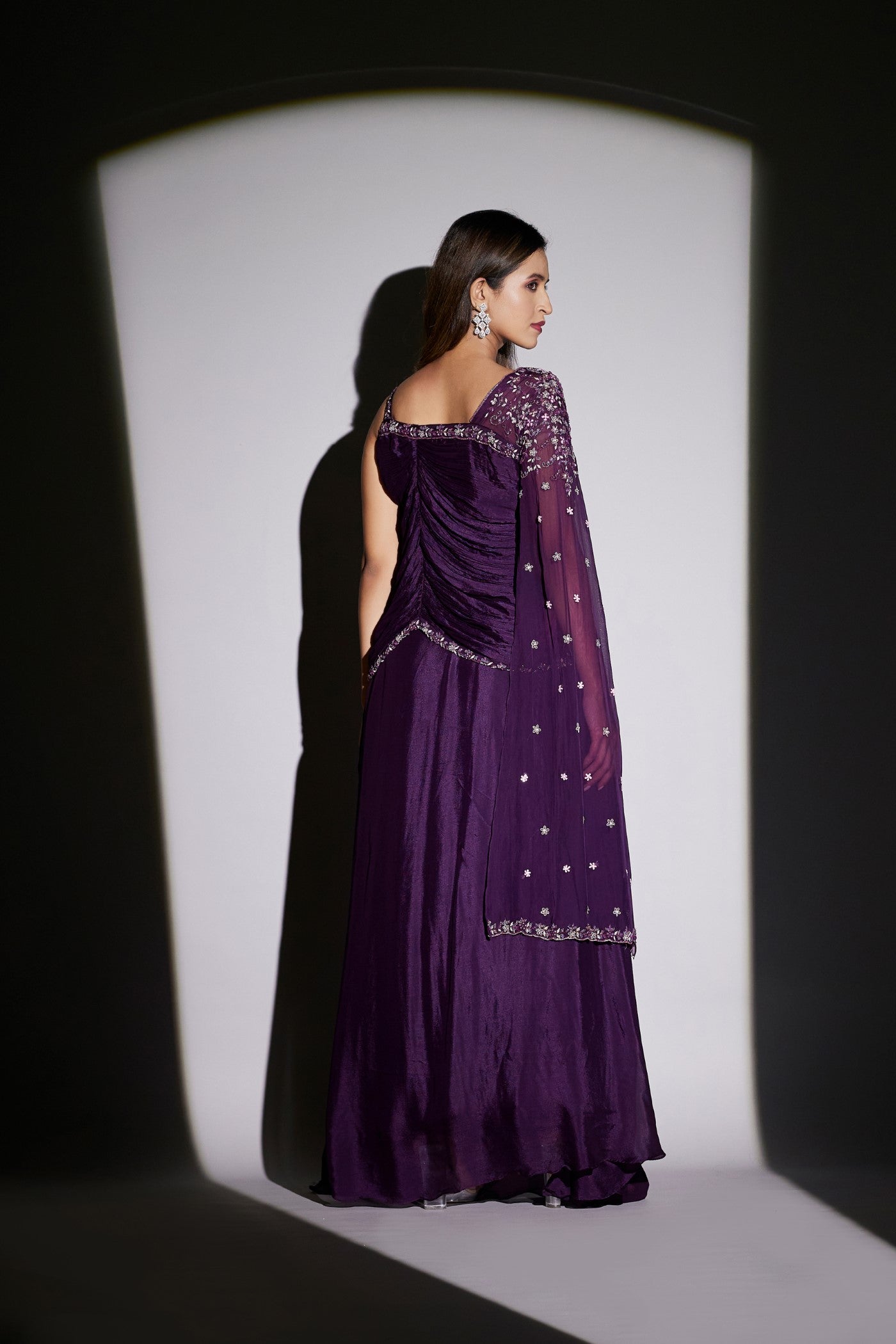 Purple Pure Chinon Silk Draped Gown