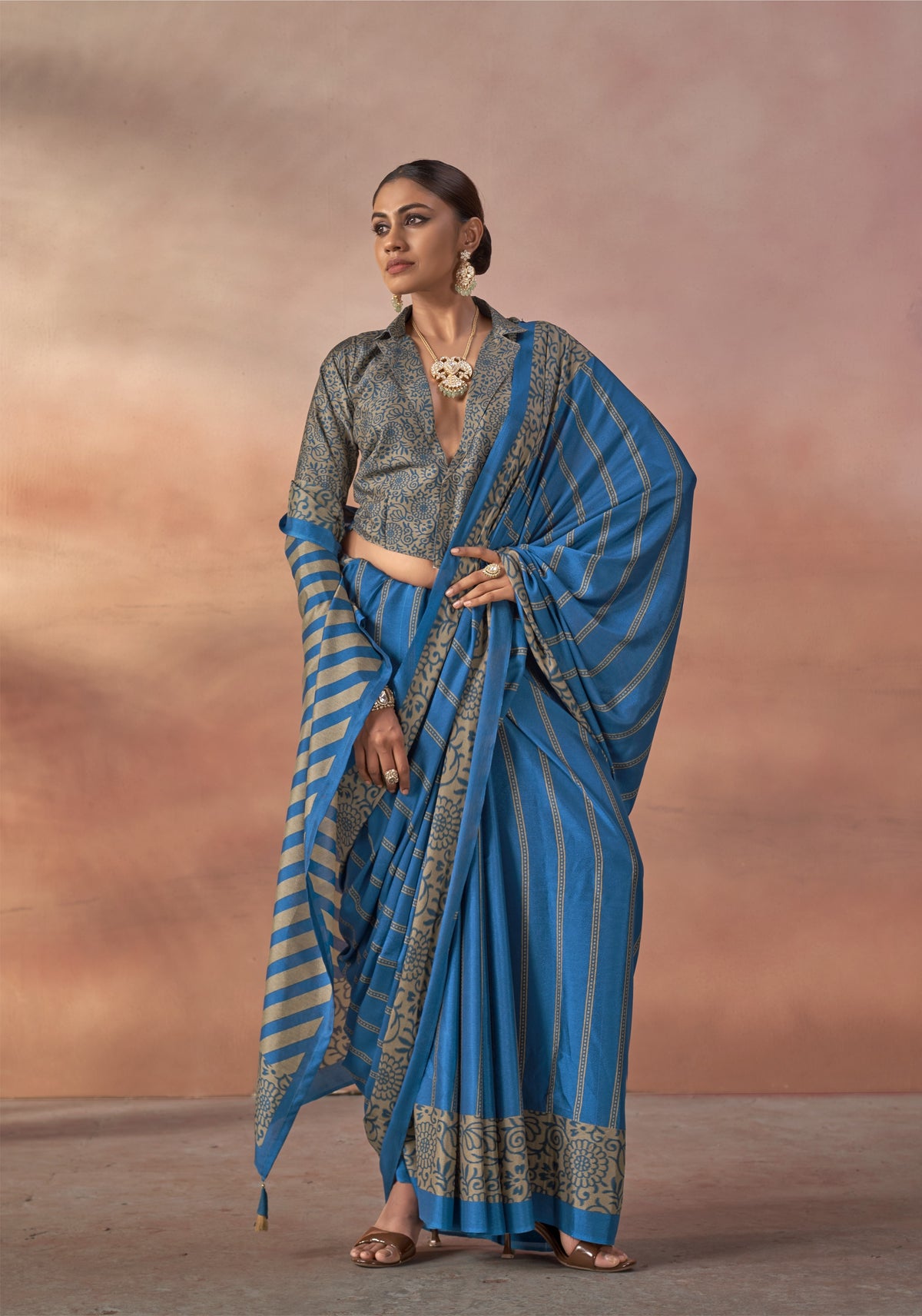 Ocean Teal Printed Crepe Silk Saree
