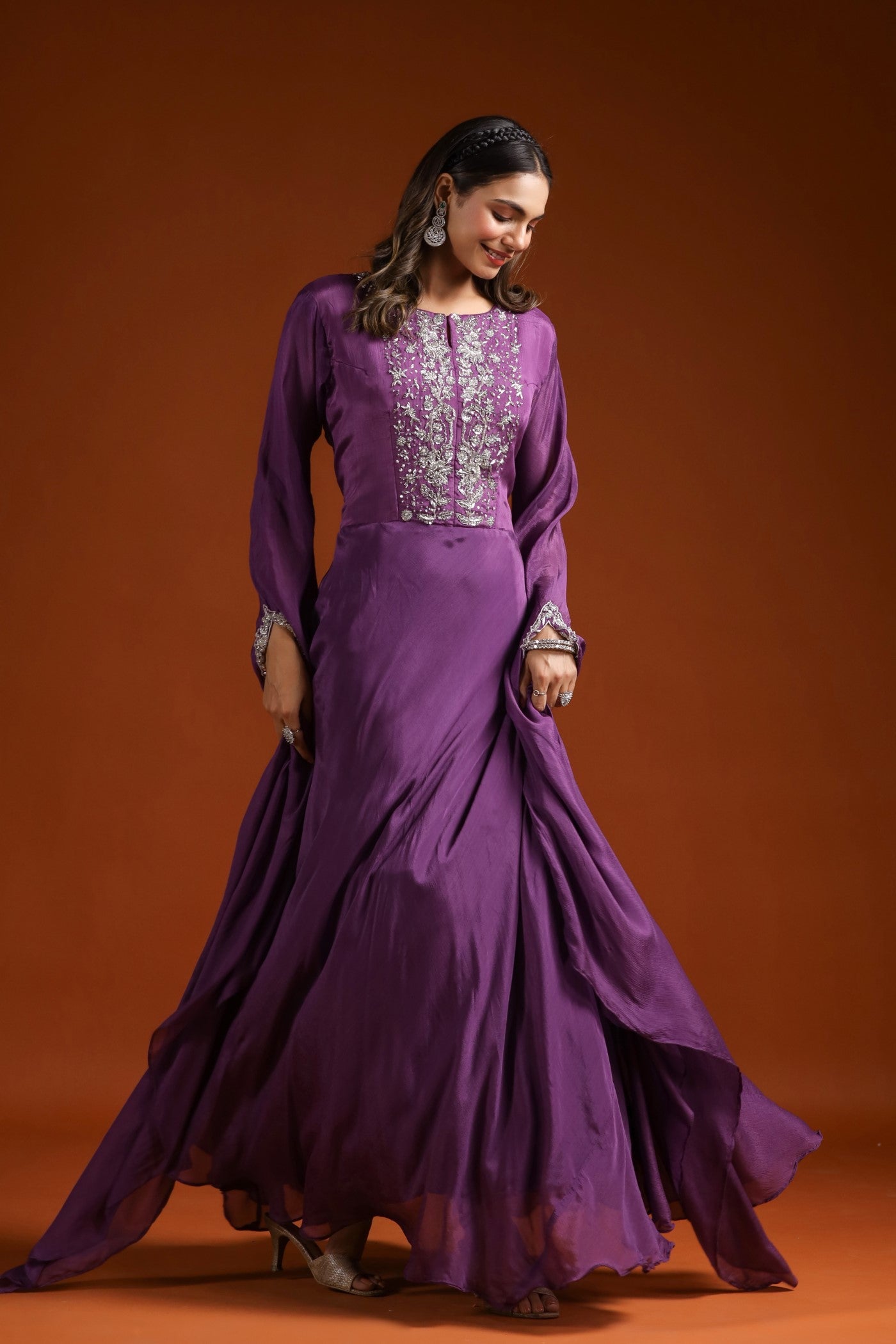 Purple Floral Embellished Chinon Silk Gown