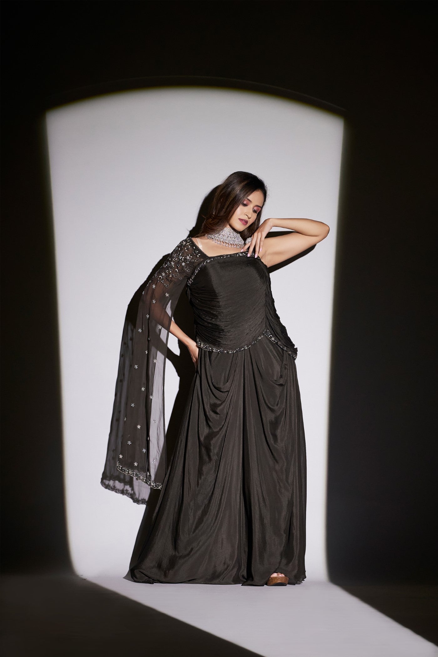Black Pure Chinon Silk Draped Gown