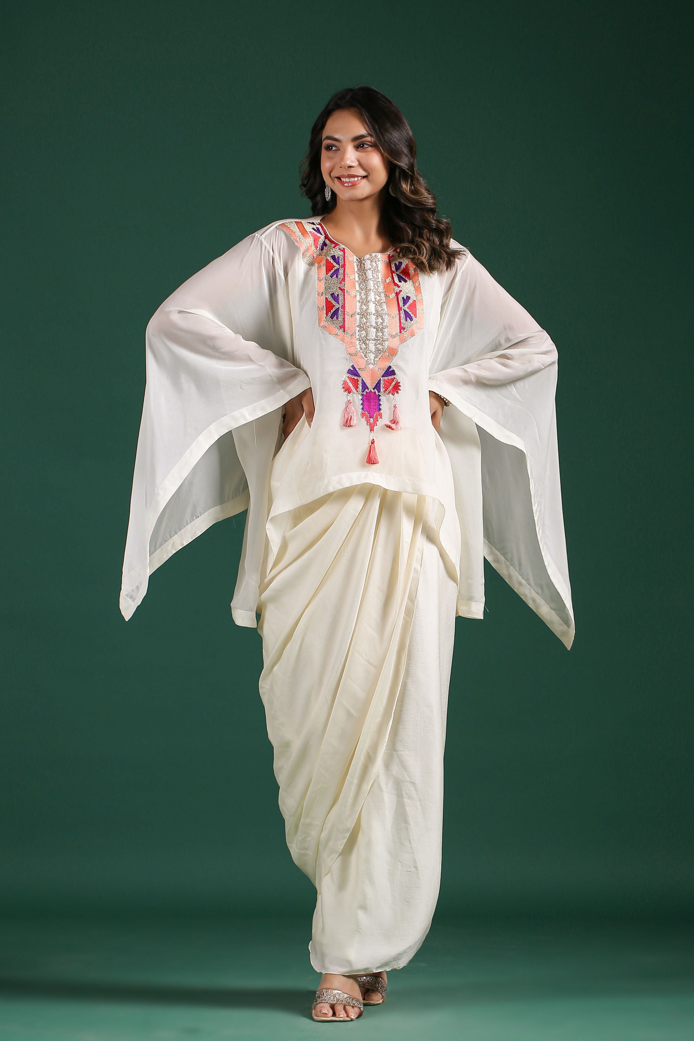 Ivory Embroidered Organza Silk Draped Skirt Set