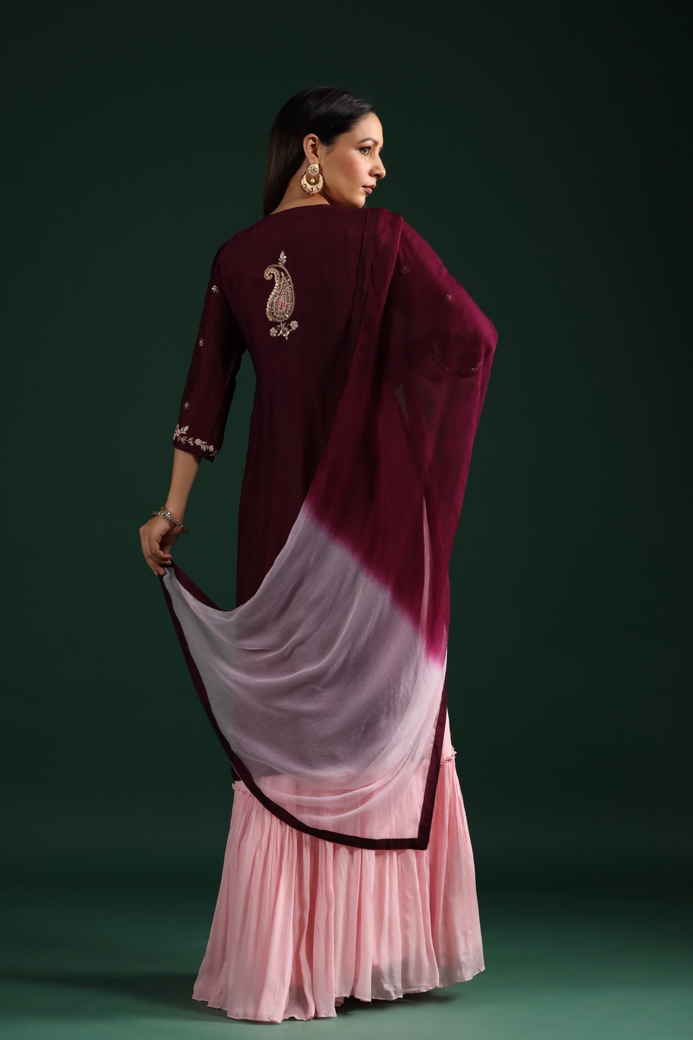 Wine Embroidered Kurta With Contrast Dress