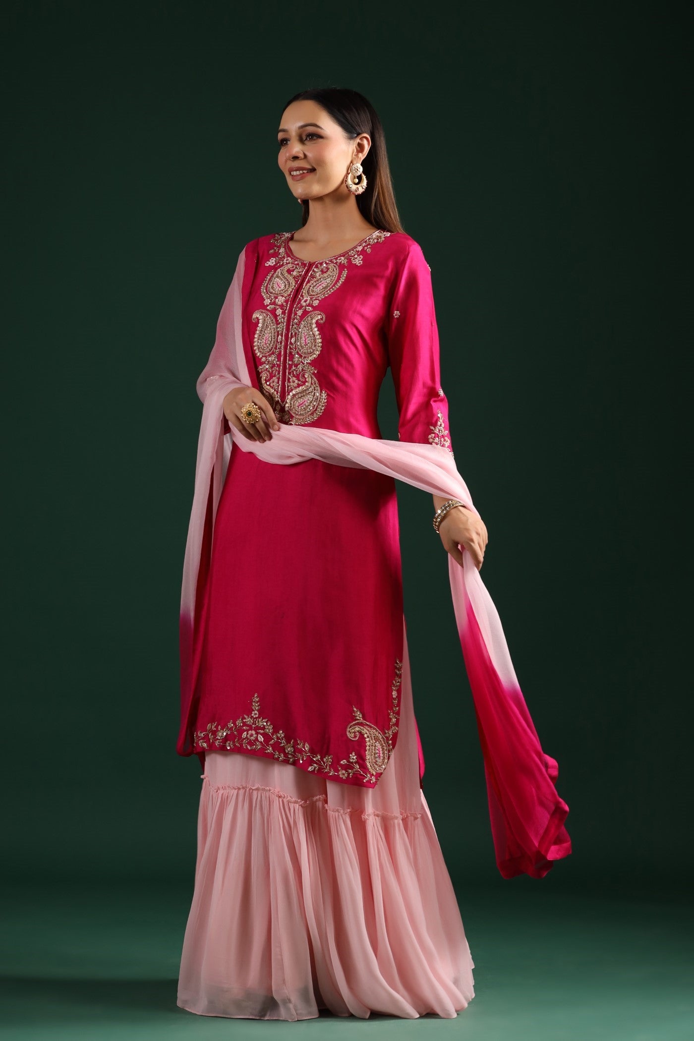 Pink Embroidered Kurta With Contrast Dress