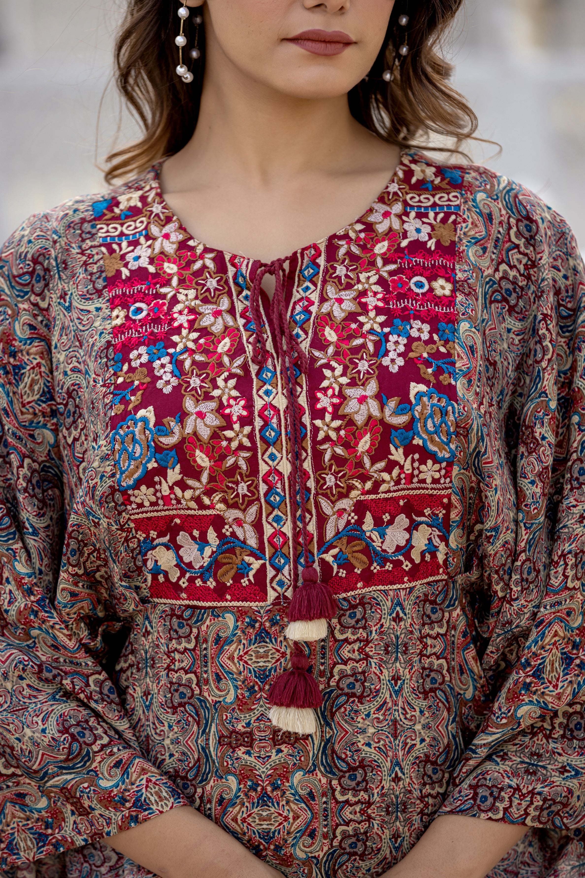 Red Ethnic Printed Cotton Silk Dress
