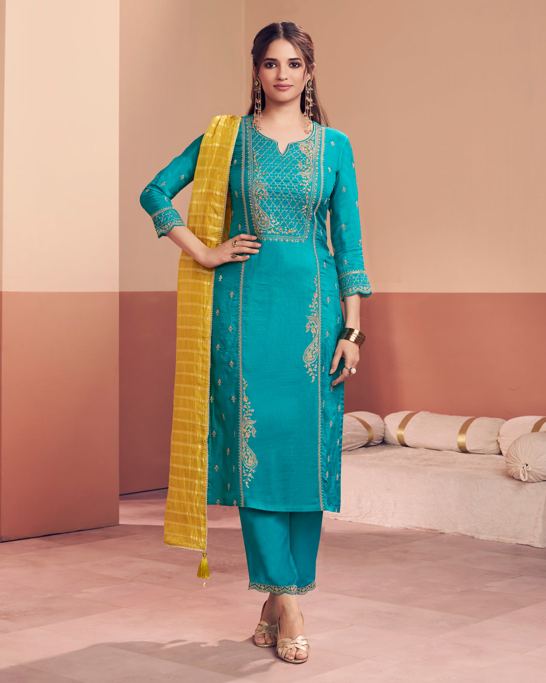 Cerulean Sun-Grace Embellished Dola Silk Pant Set