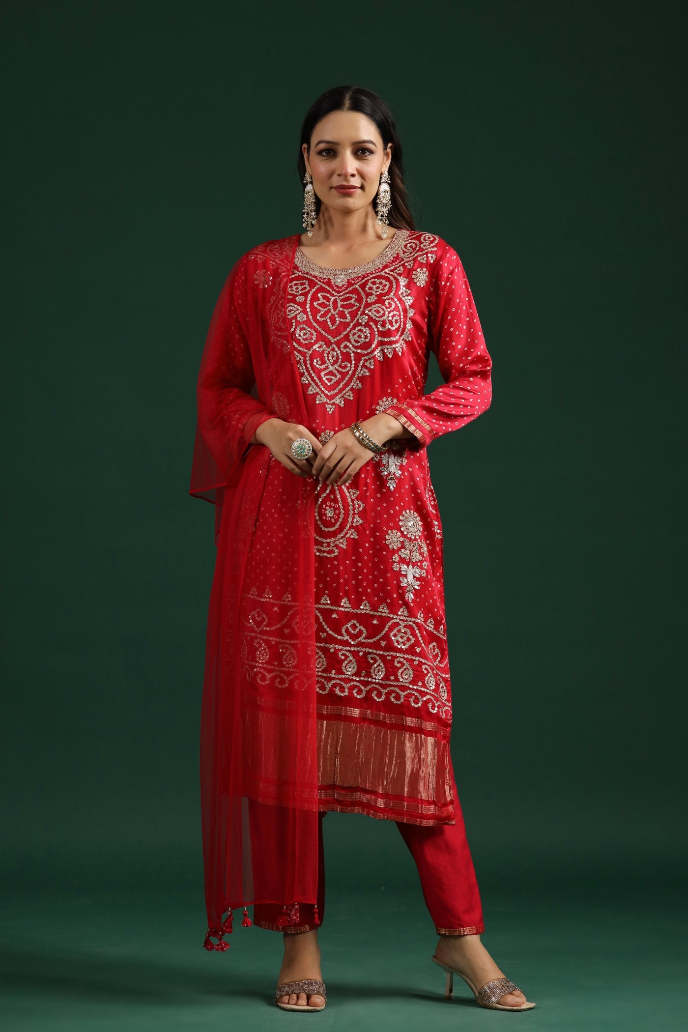 Red Bandhej Gajji Silk Kurta Set