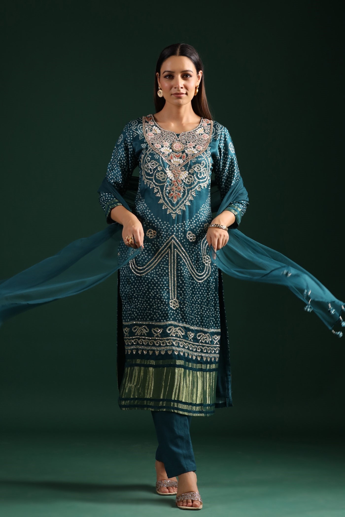 Teal Blue Bandhani Embroidered Kurta Set