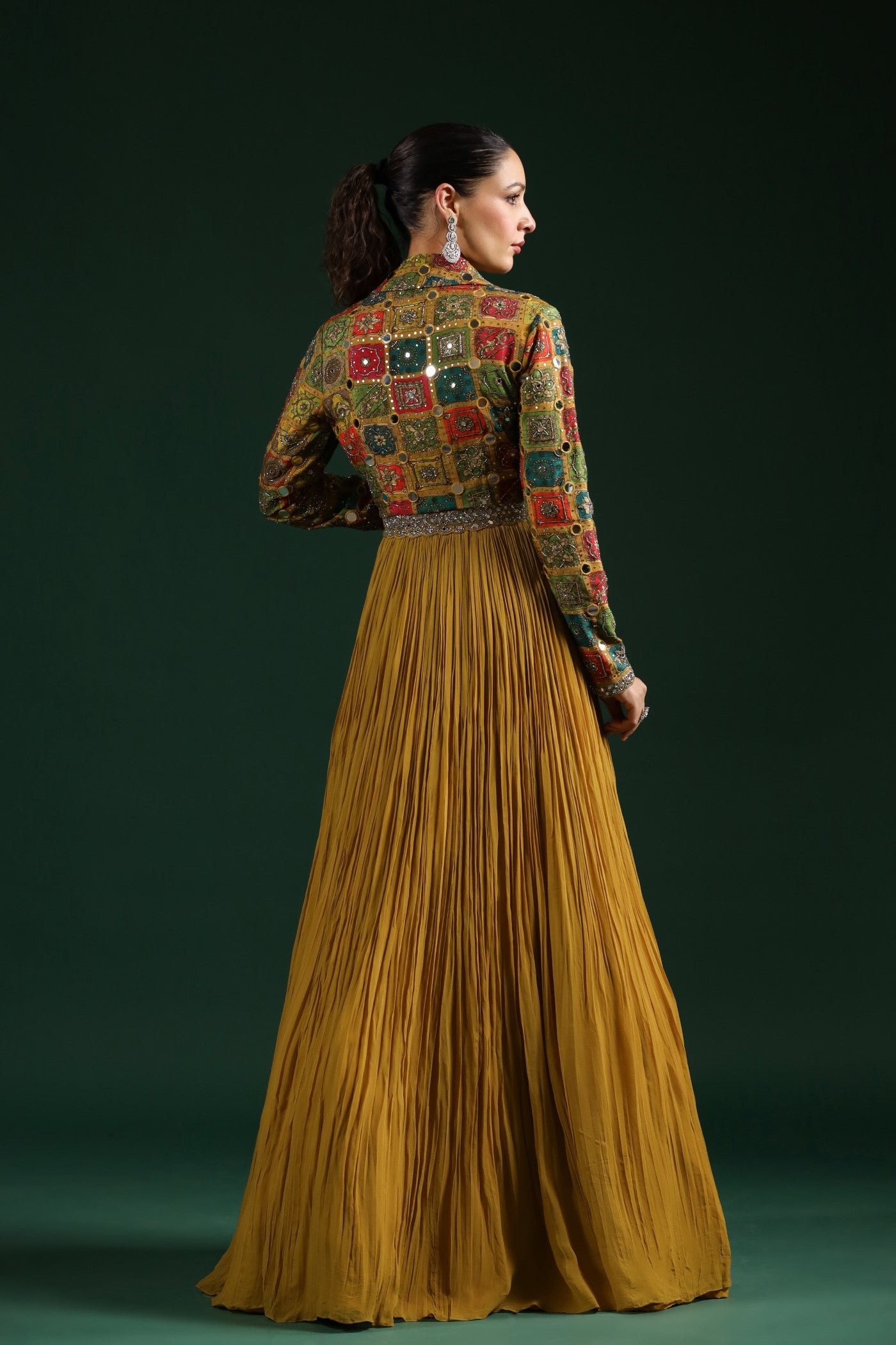 Ochre Yellow Embellished Gown With Cape