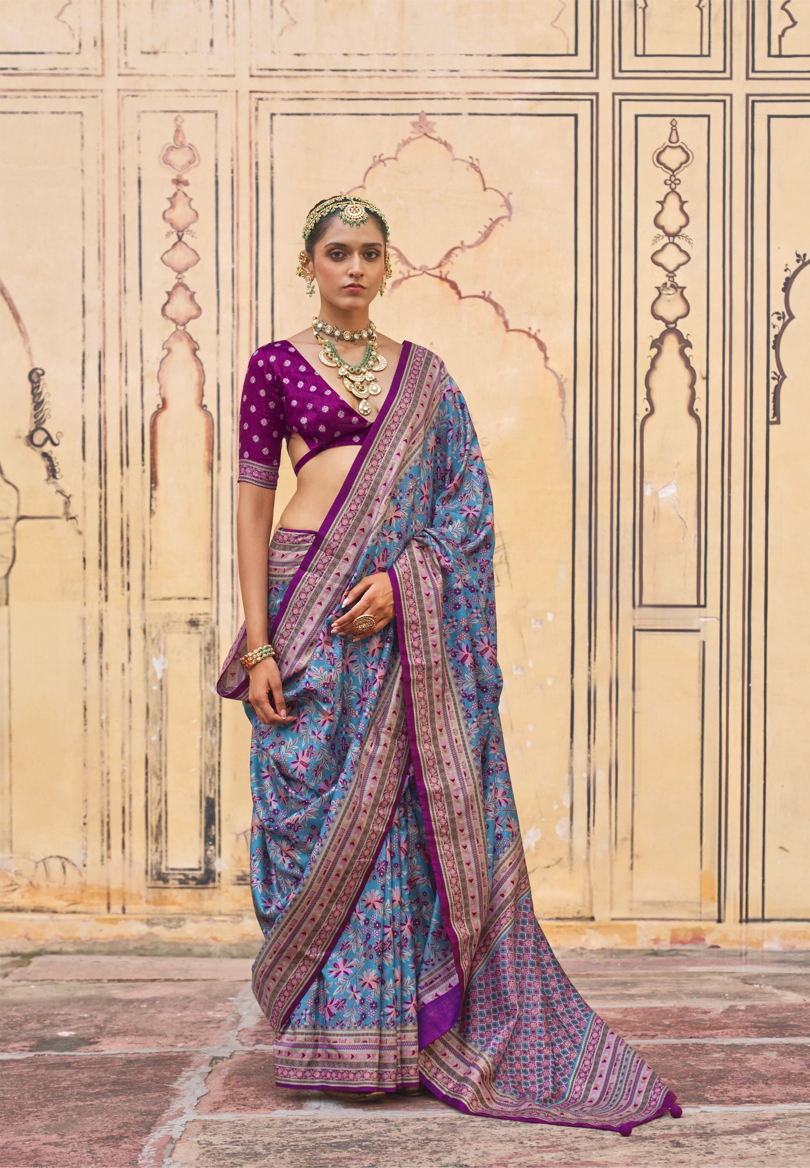 Teal Purple Printed Premium Silk Saree