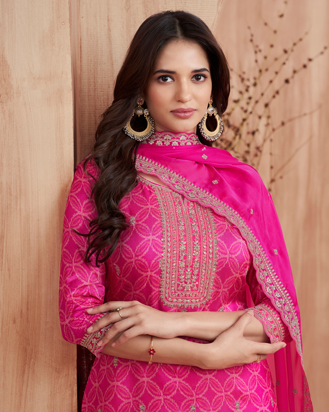Fuchsia Regal Embellished Dola Silk Pant Set