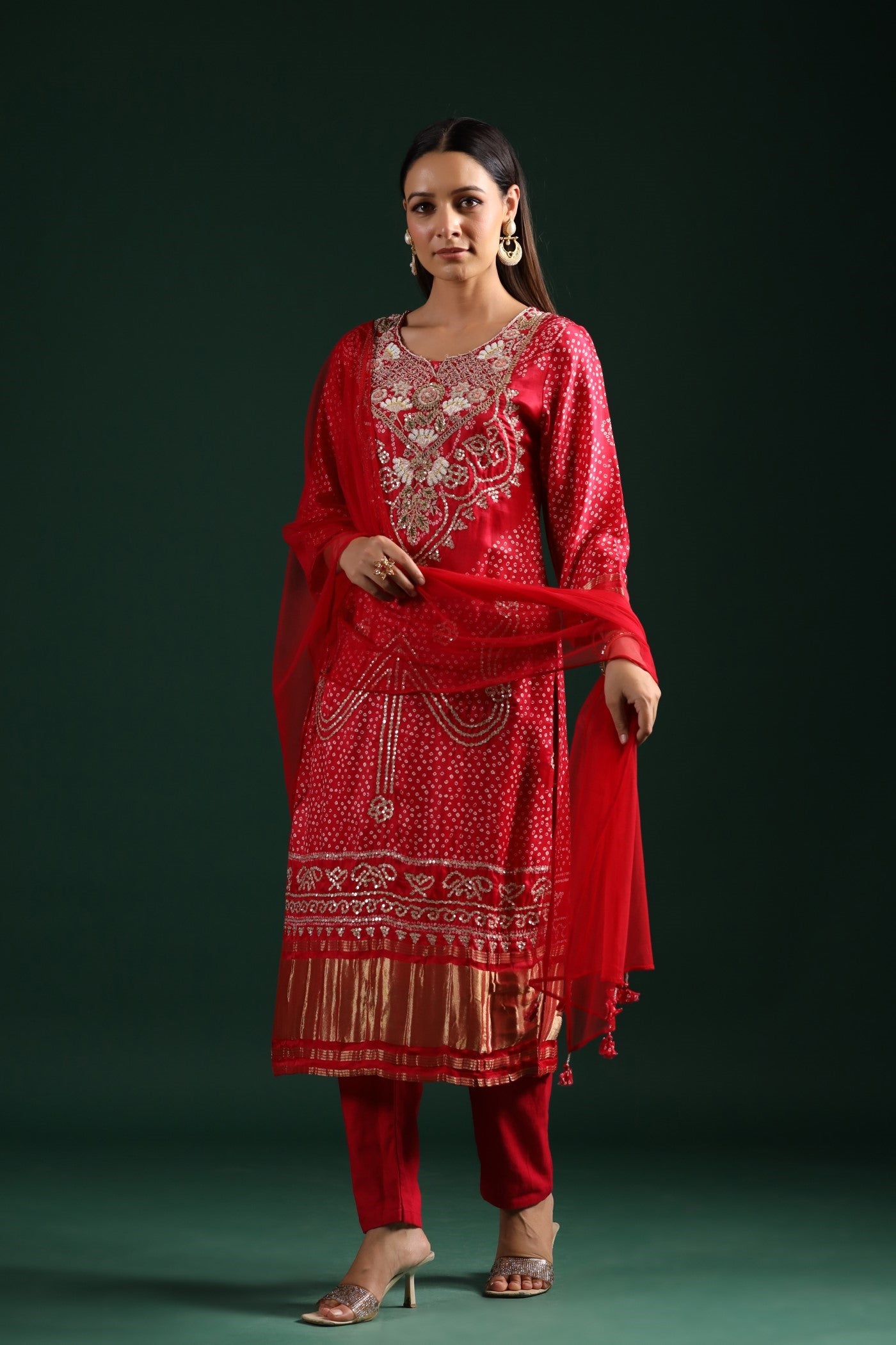 Red Bandhani Embroidered Kurta Set