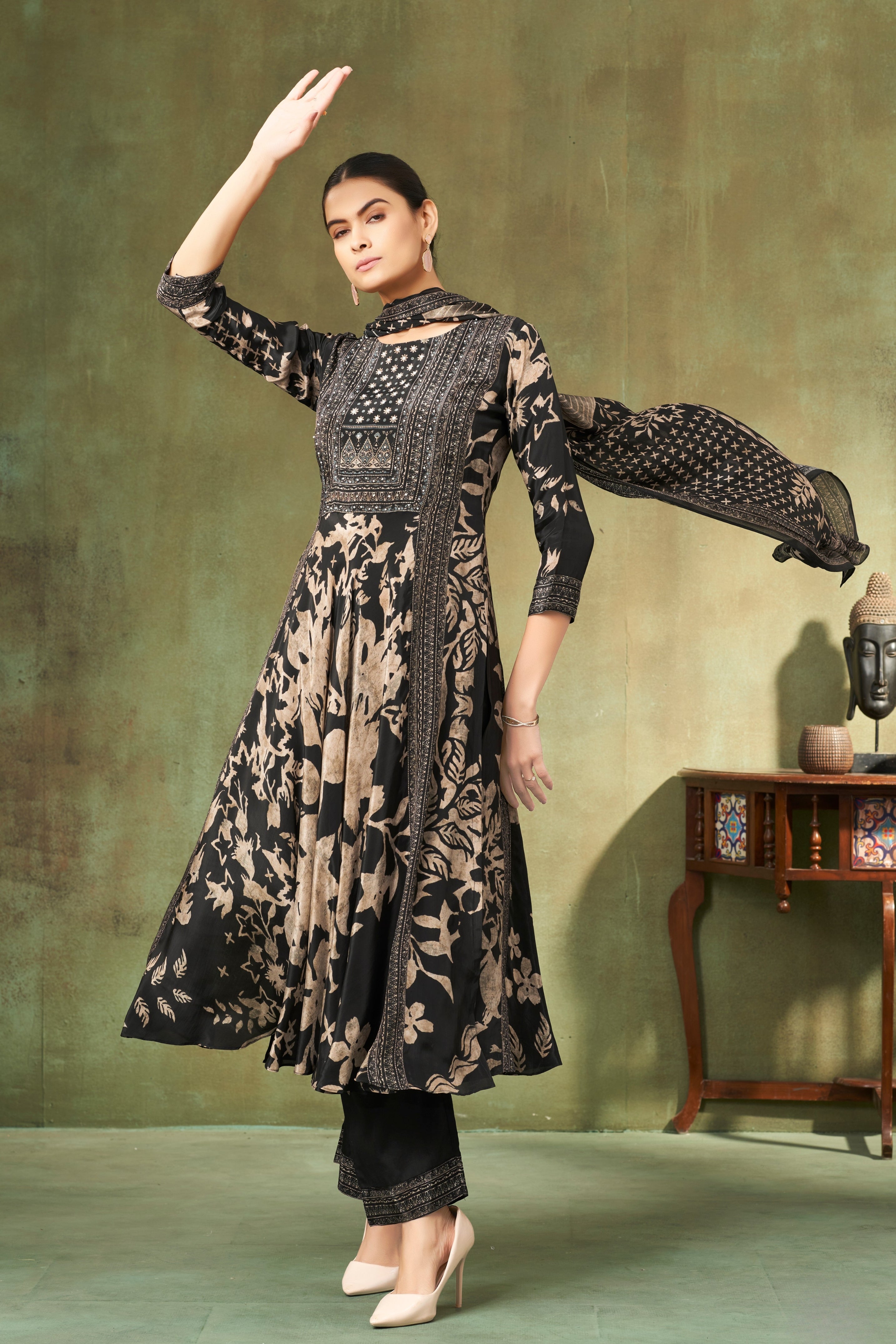 Sable Black Embellished Crepe Silk Pant Set