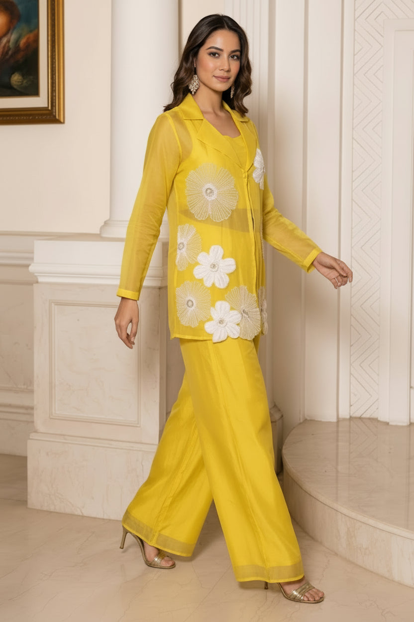 Canary Yellow Embroidered Organza Silk Palazzo Set