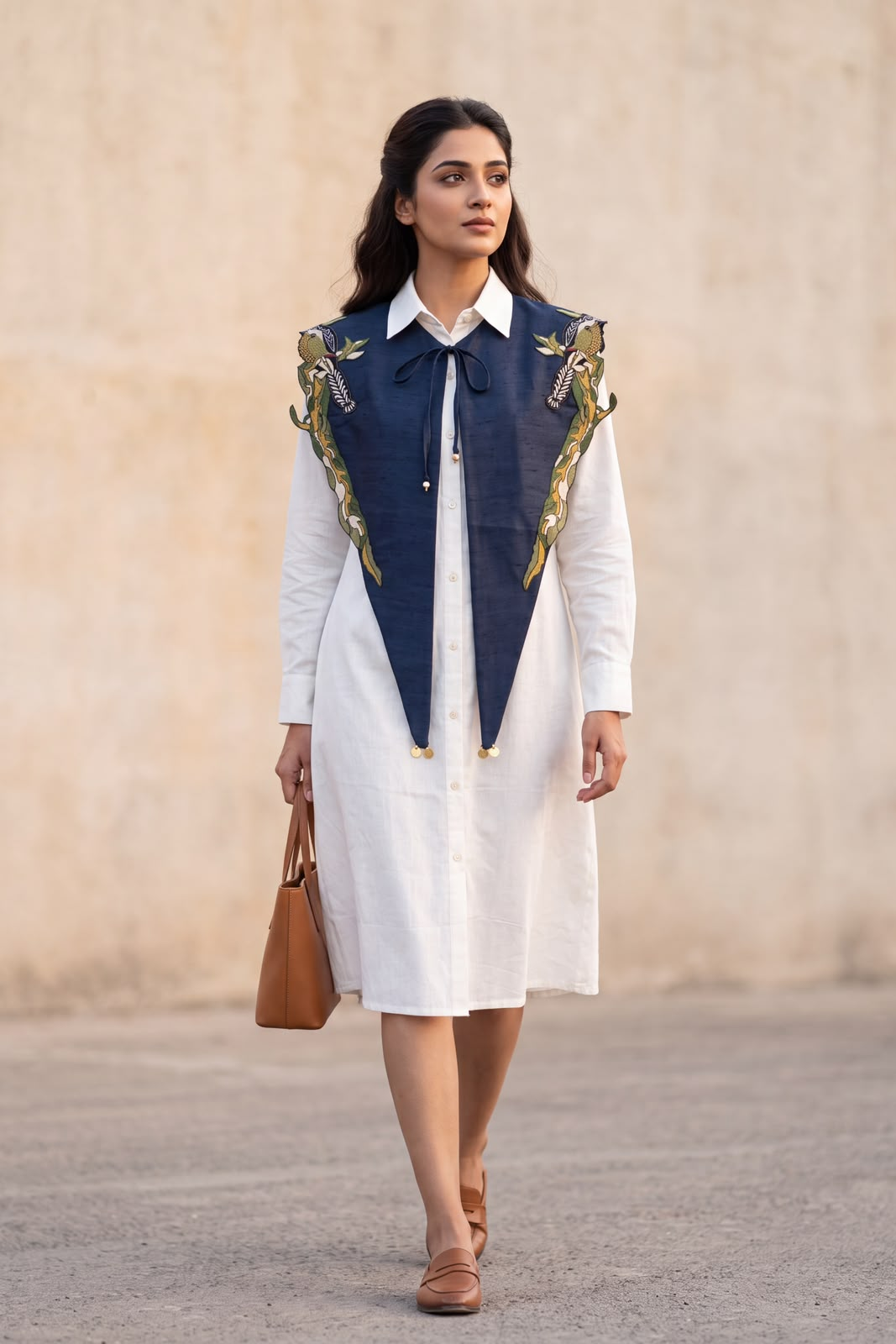 White Denim Embroidered Cotton Midi Dress